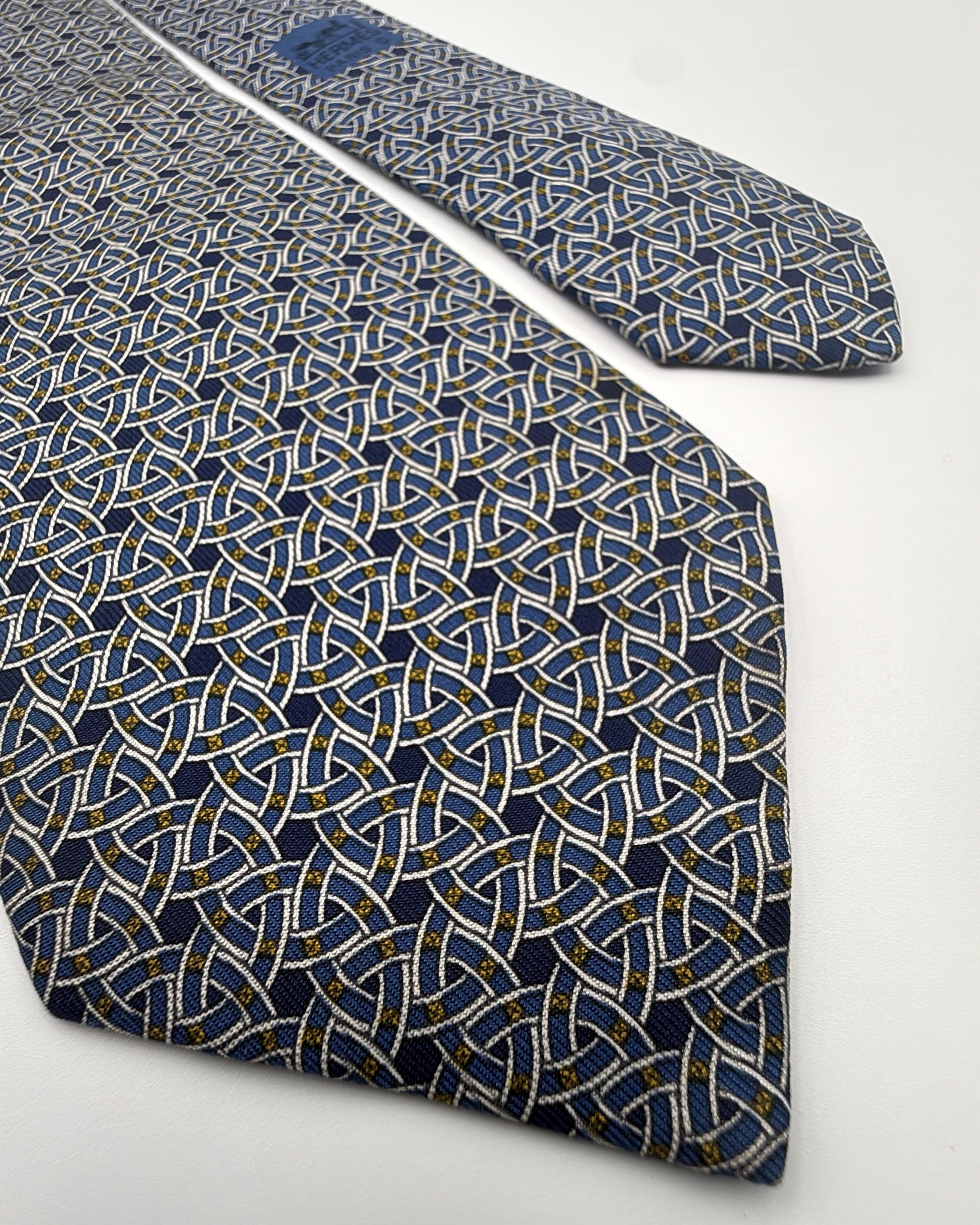 Hermès Paris Silk Tie Geometric Navy Blue Necktie Made in France