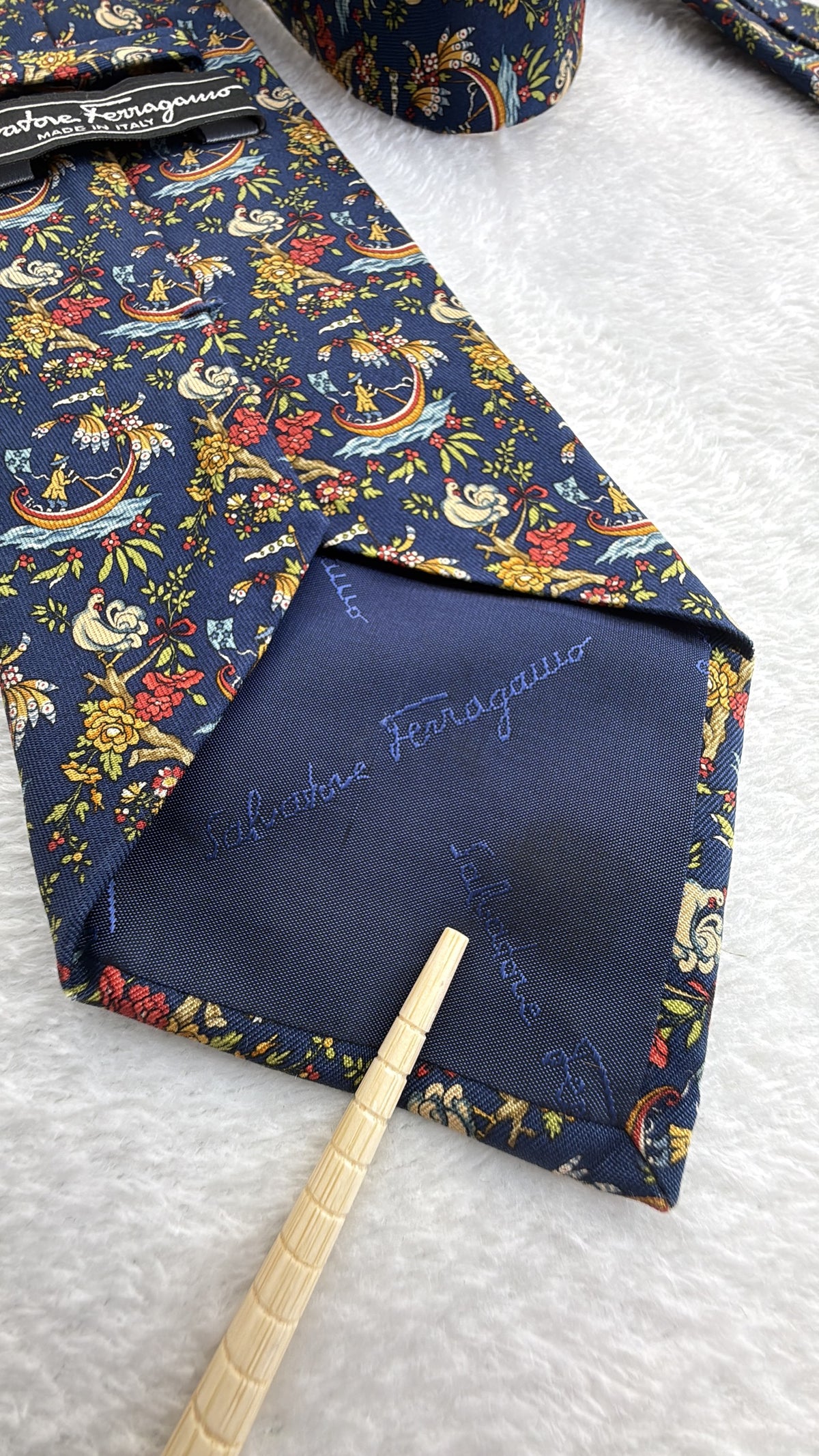 Salvatore Ferragamo Silk Tie Flowers Navy Multicolor Necktie Made in Italy