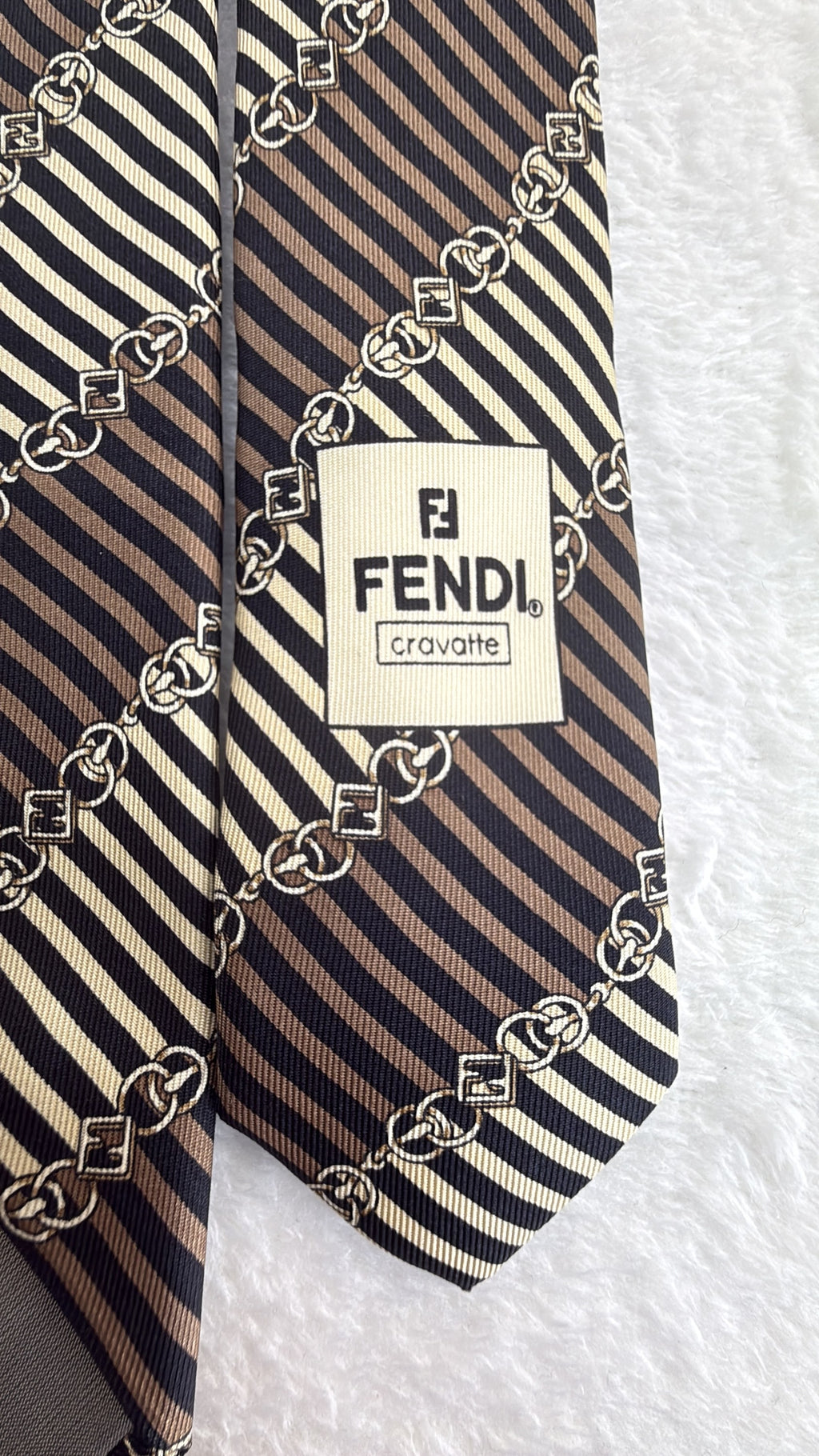 Fendi Silk Tie Striped Brown Beige Necktie Made in Italy