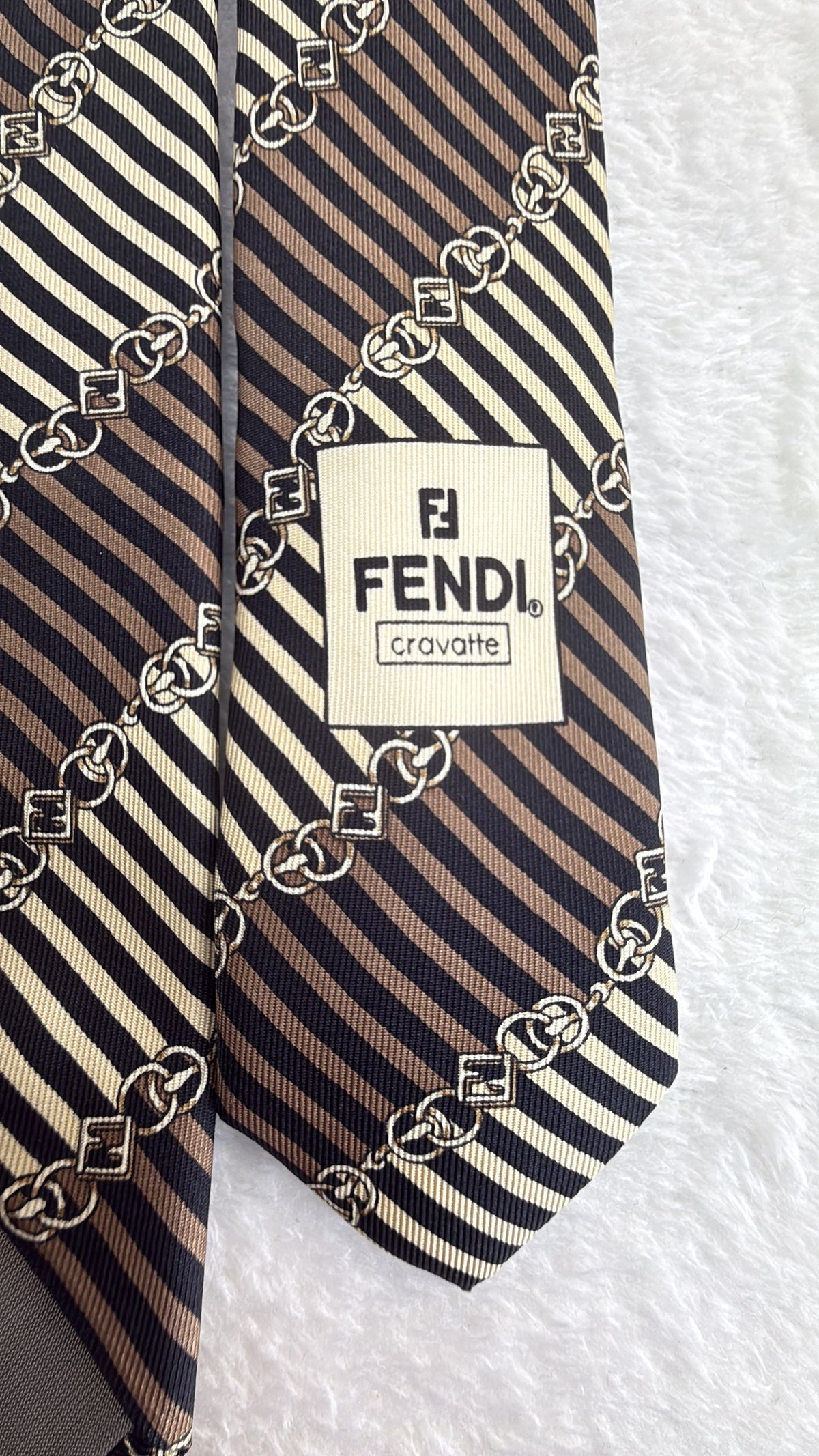 Fendi Silk Tie Striped Brown Beige Necktie Made in Italy
