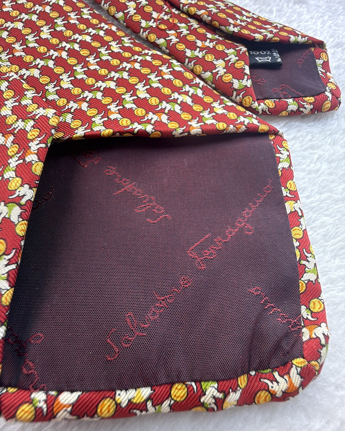 Salvatore Ferragamo Silk Tie Novelty/Motif Burgundy Yellow Necktie Made in Italy