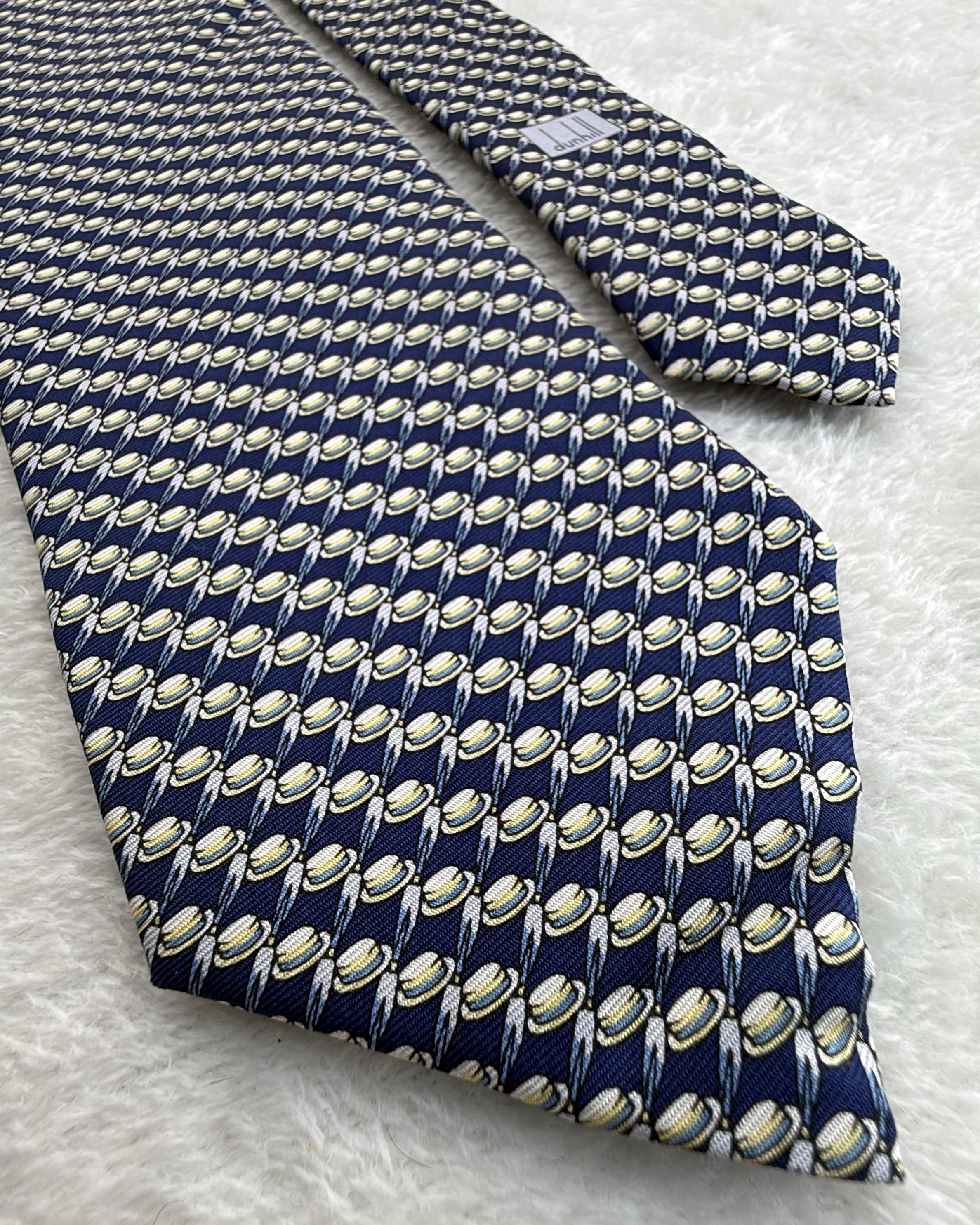 Alfred Dunhill Silk Tie Novelty/Motif Navy Yellow Necktie Made in Italy