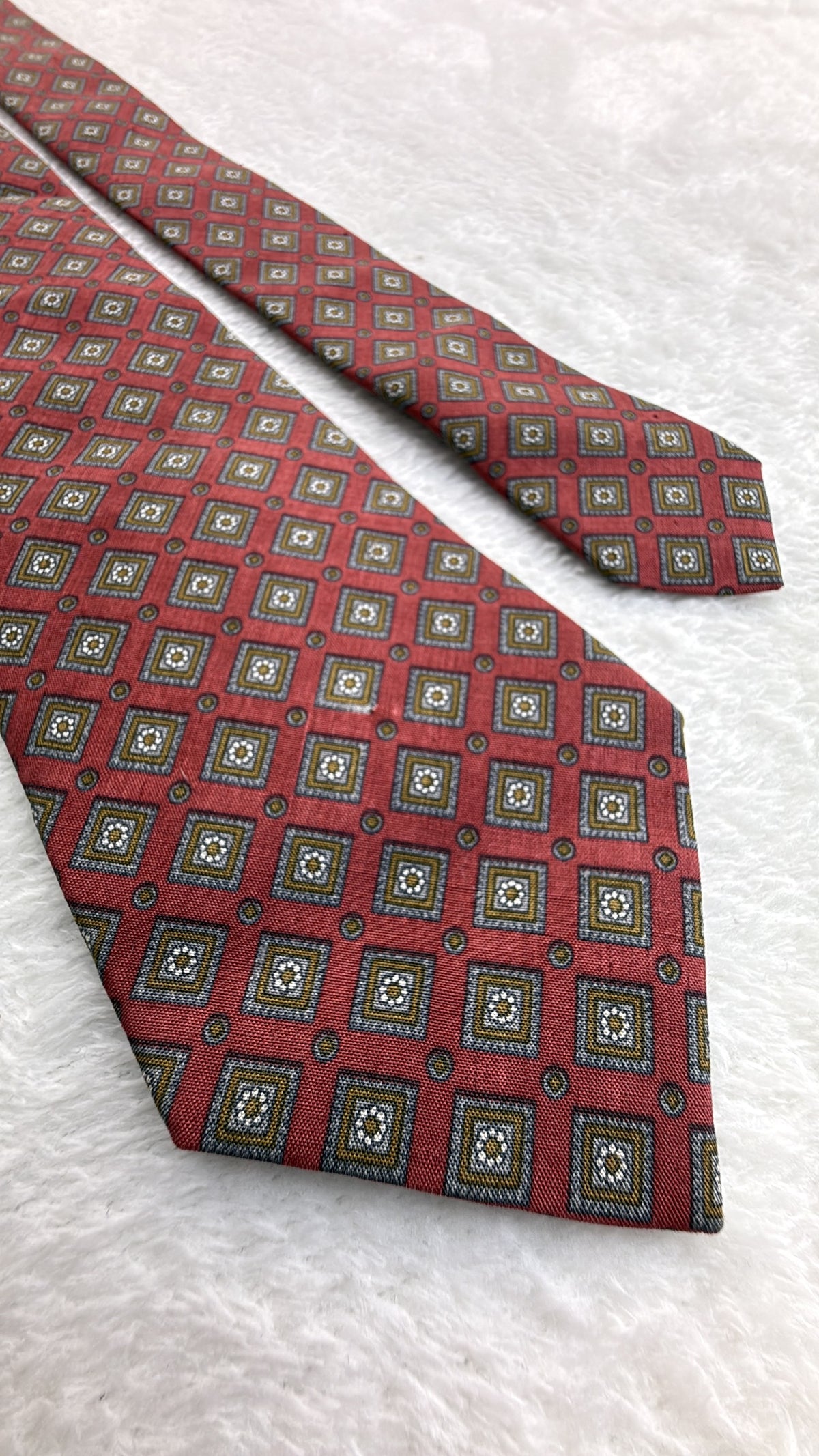 Yves Saint Laurent Silk Tie Geometric Burgundy Gold Necktie Made in Japan