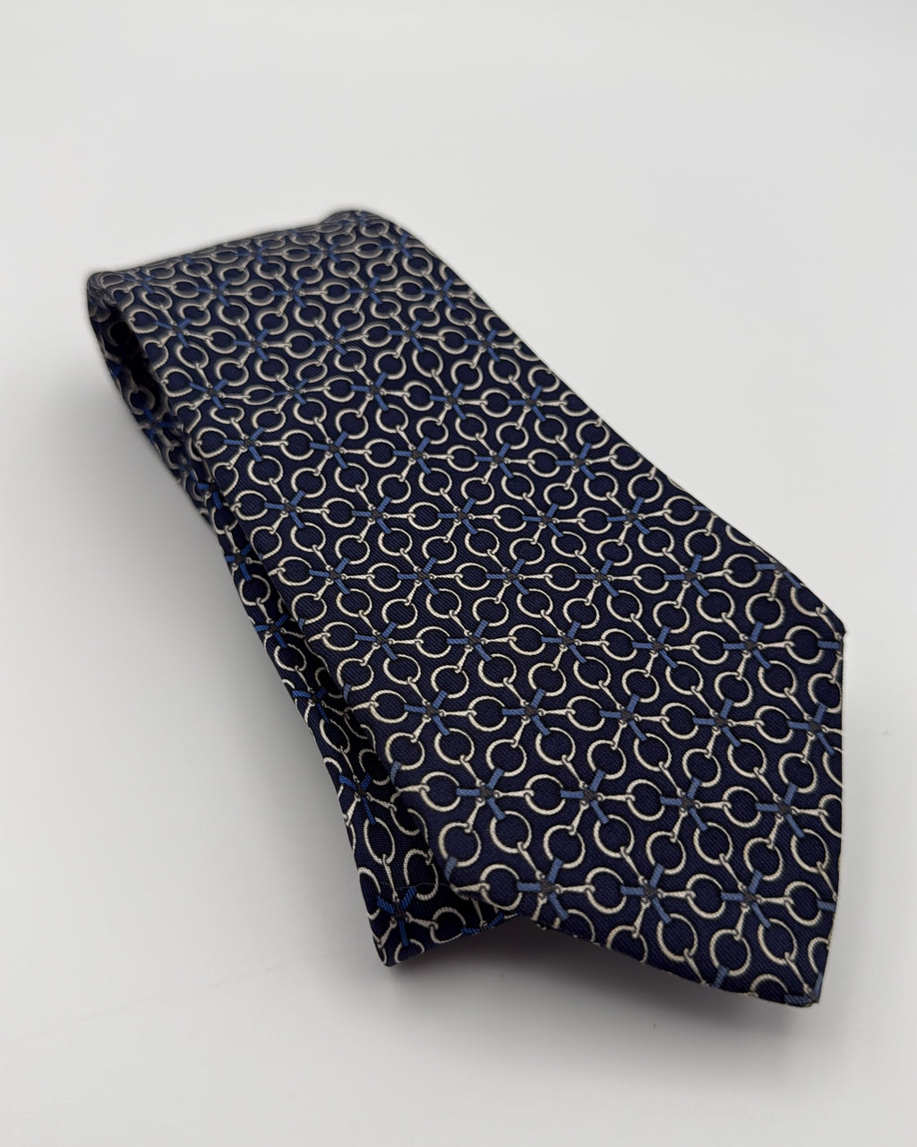 Hermès Paris Silk Tie 7084 OA Geometric Navy White Necktie Made in France