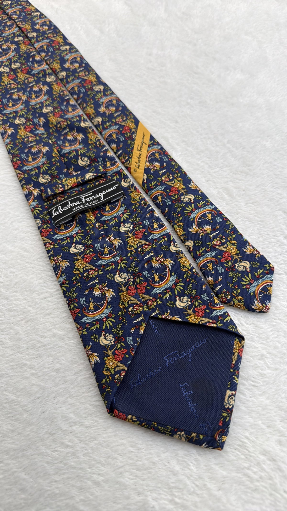 Salvatore Ferragamo Silk Tie Flowers Navy Multicolor Necktie Made in Italy