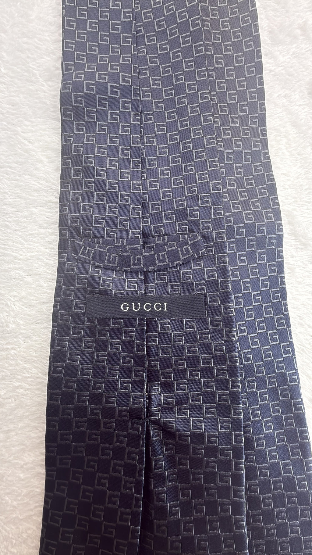 Gucci Silk Tie Brand Logo Navy Grey Necktie Made in Italy
