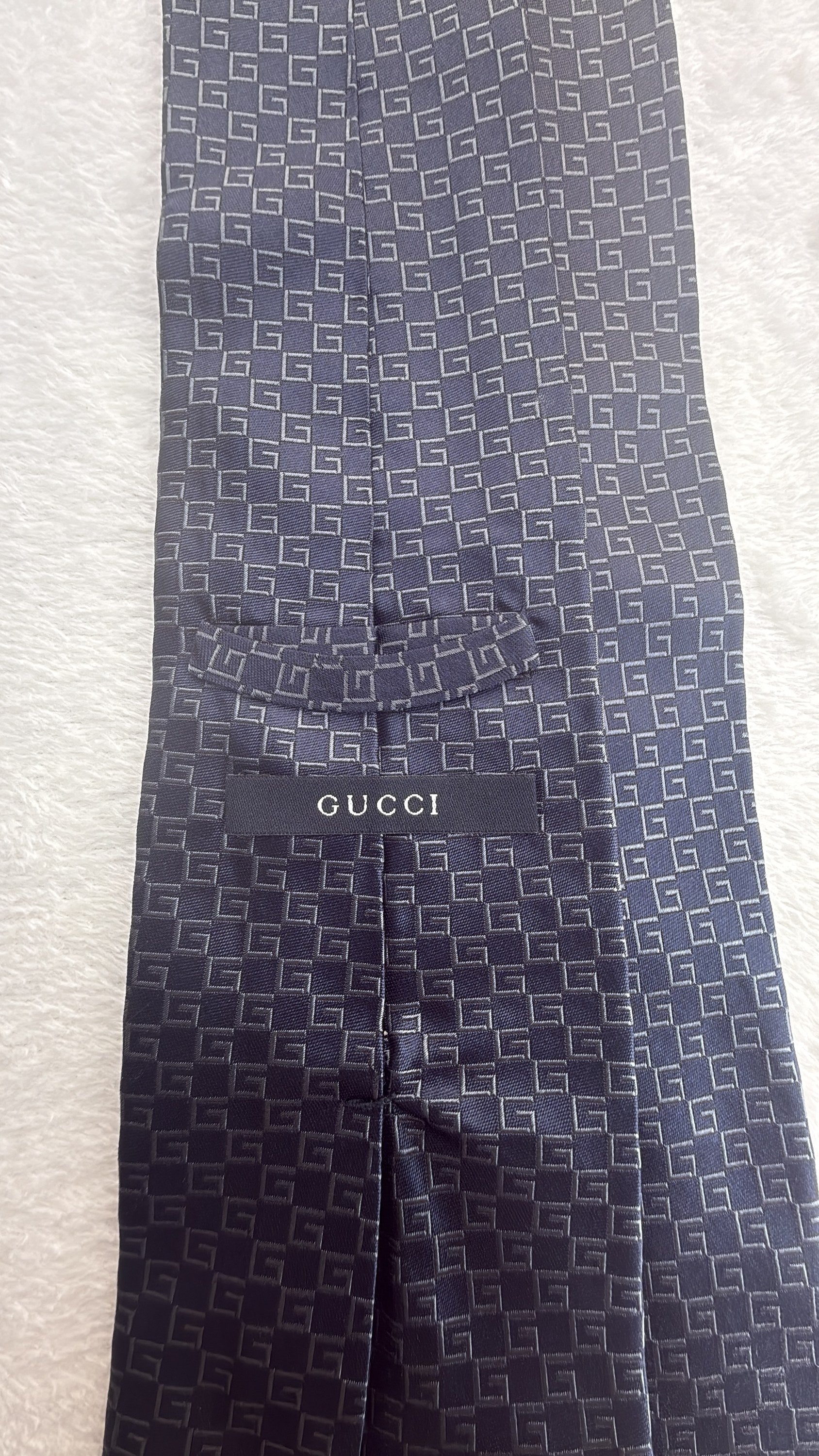 Gucci Silk Tie Brand Logo Navy Grey Necktie Made in Italy