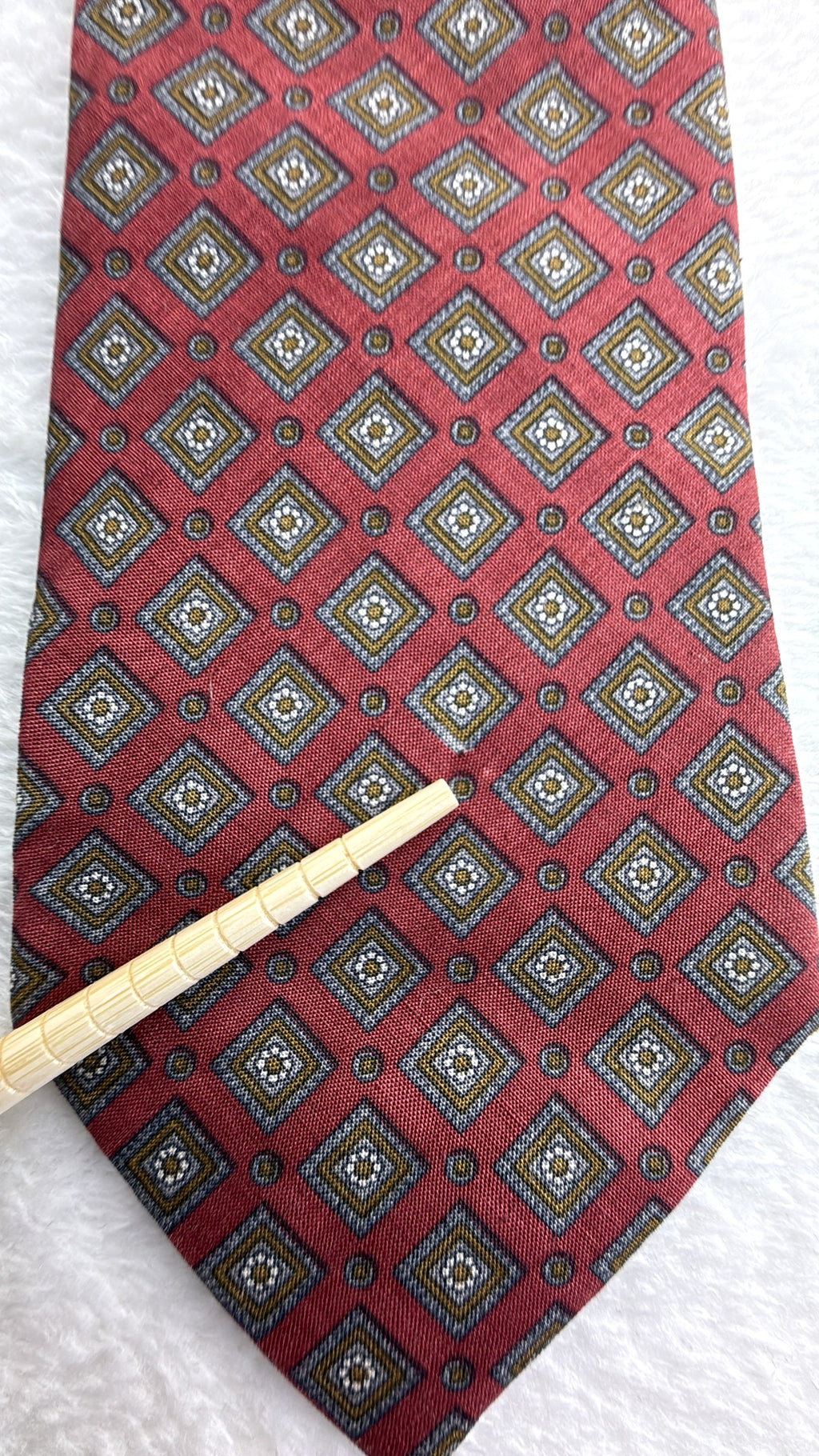 Yves Saint Laurent Silk Tie Geometric Burgundy Gold Necktie Made in Japan