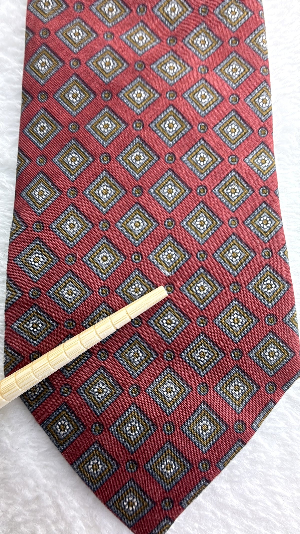 Yves Saint Laurent Silk Tie Geometric Burgundy Gold Necktie Made in Japan