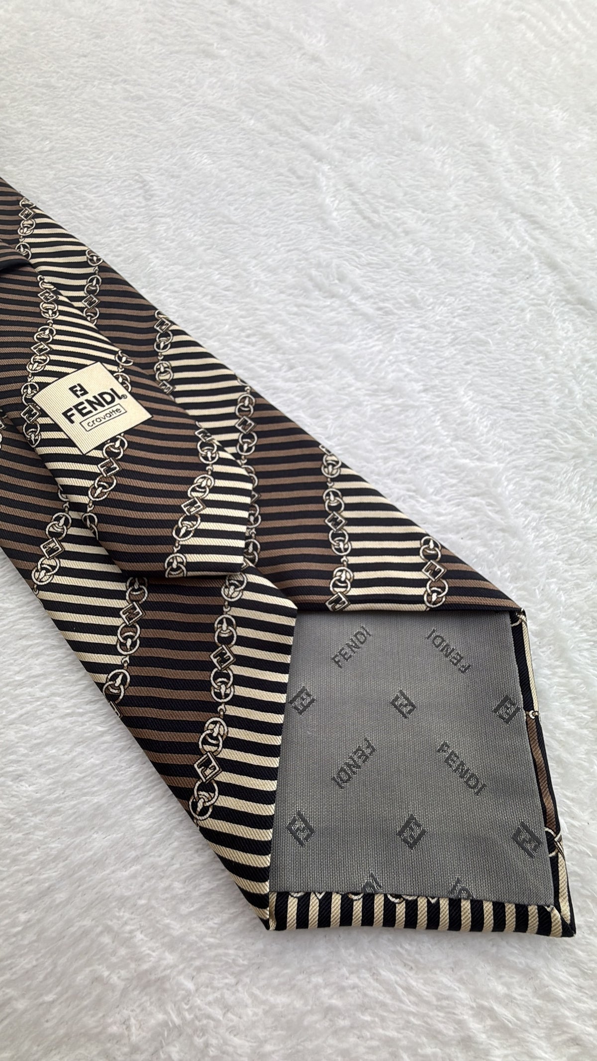 Fendi Silk Tie Striped Brown Beige Necktie Made in Italy