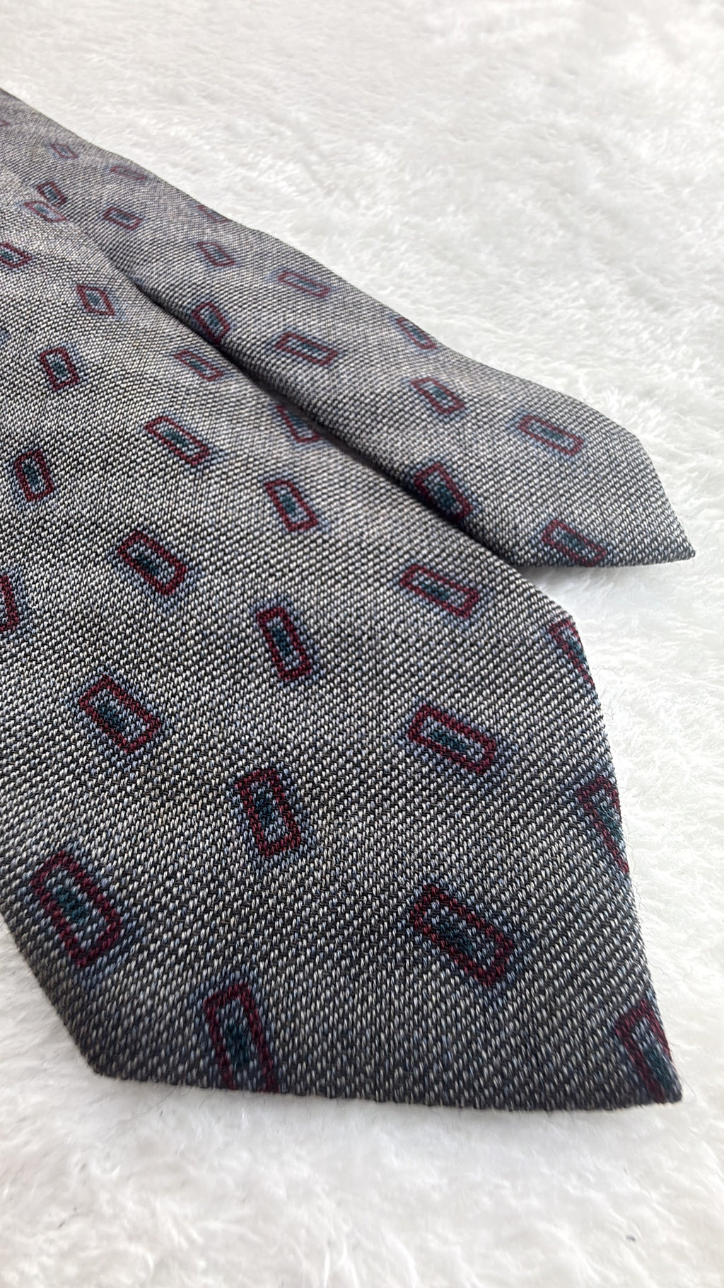 Vintage Christian Dior Silk, Wool Tie V-TK-03 Geometric Grey Burgundy Necktie