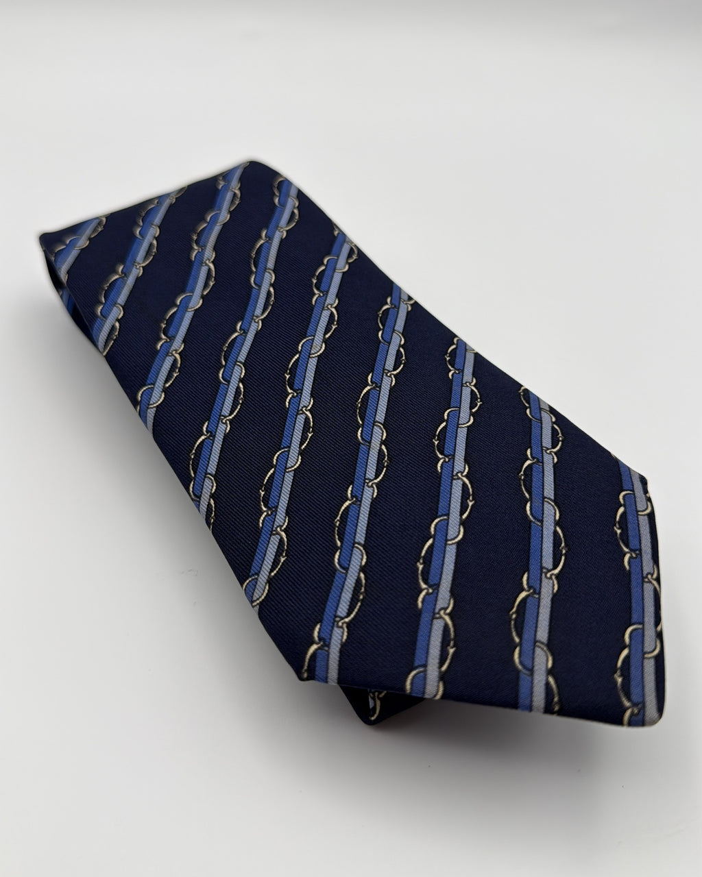 Hermès Paris Silk Tie 7041 TA Striped Navy Blue Necktie Made in France
