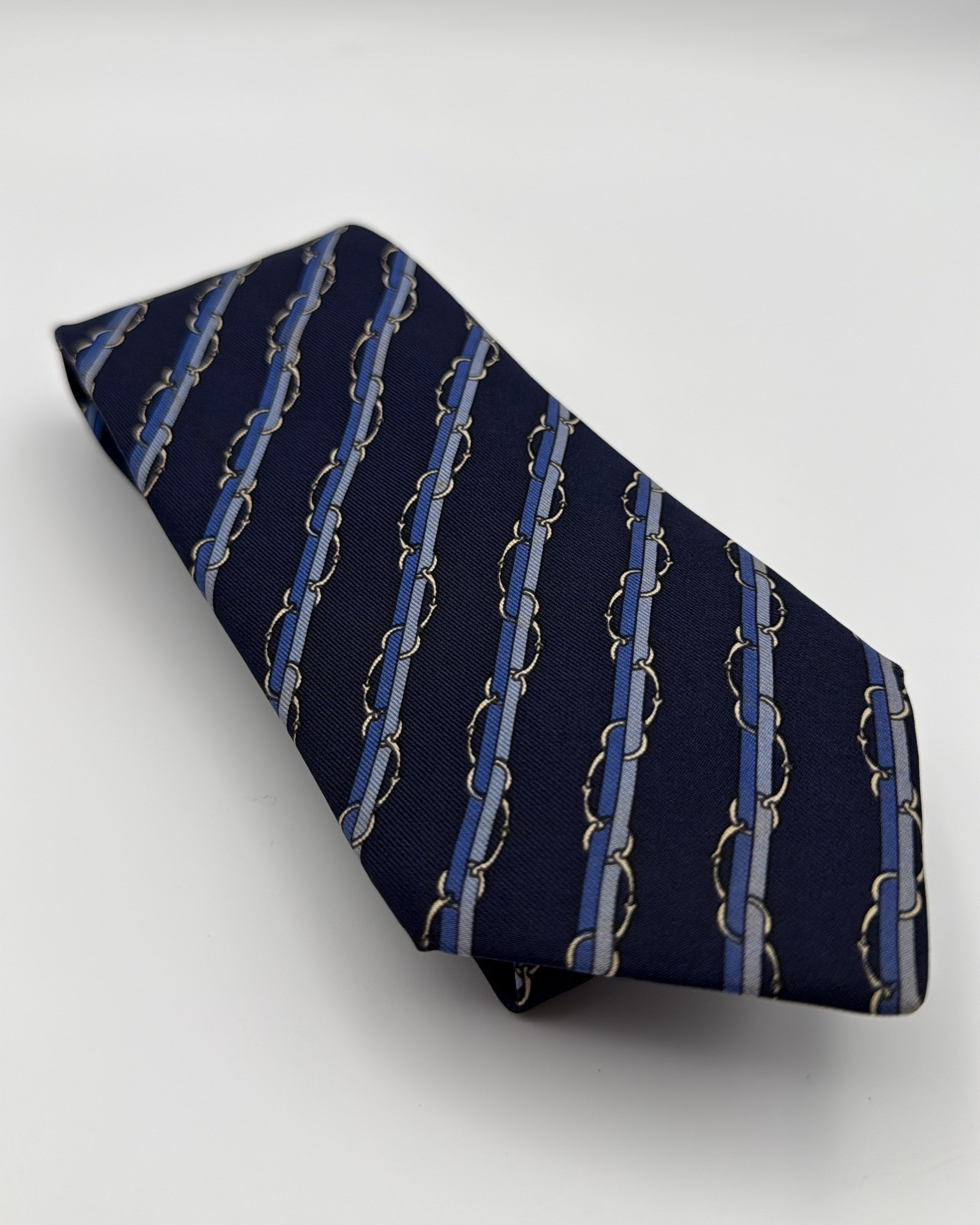 Hermès Paris Silk Tie 7041 TA Striped Navy Blue Necktie Made in France