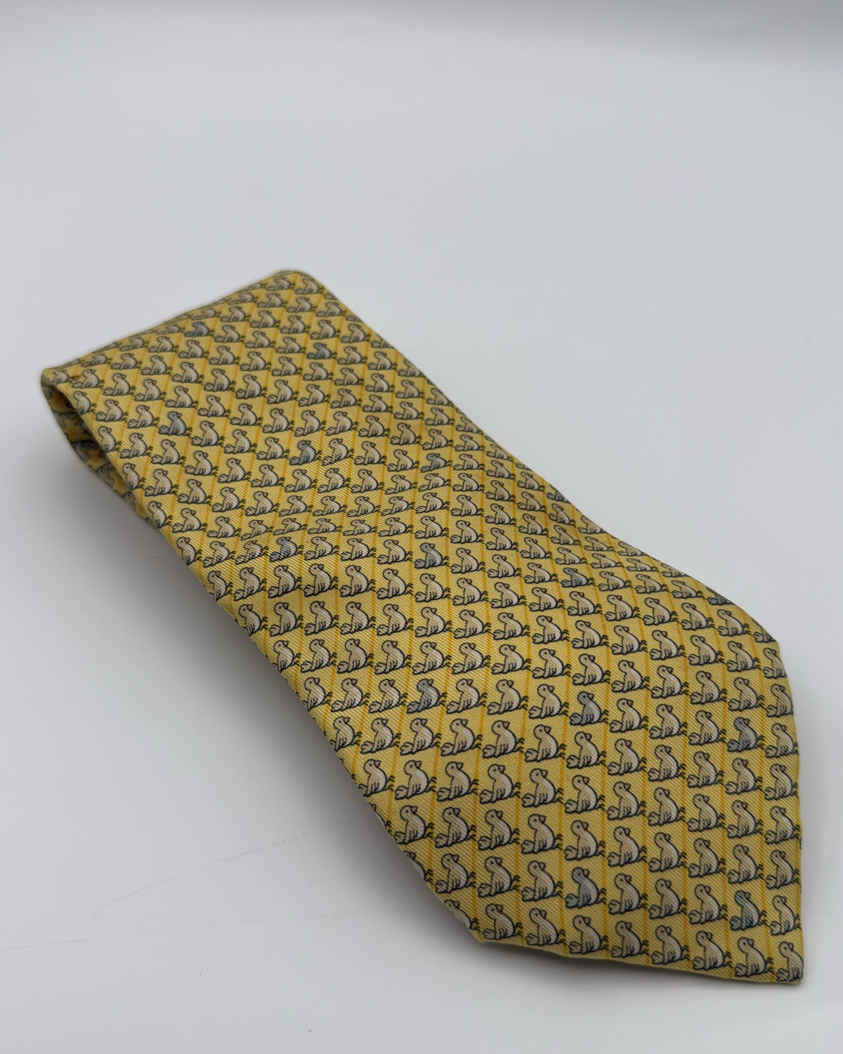 Vintage Hermès Paris Silk Tie 7964 EA Novelty/Motif Birds Yellow Grey Necktie