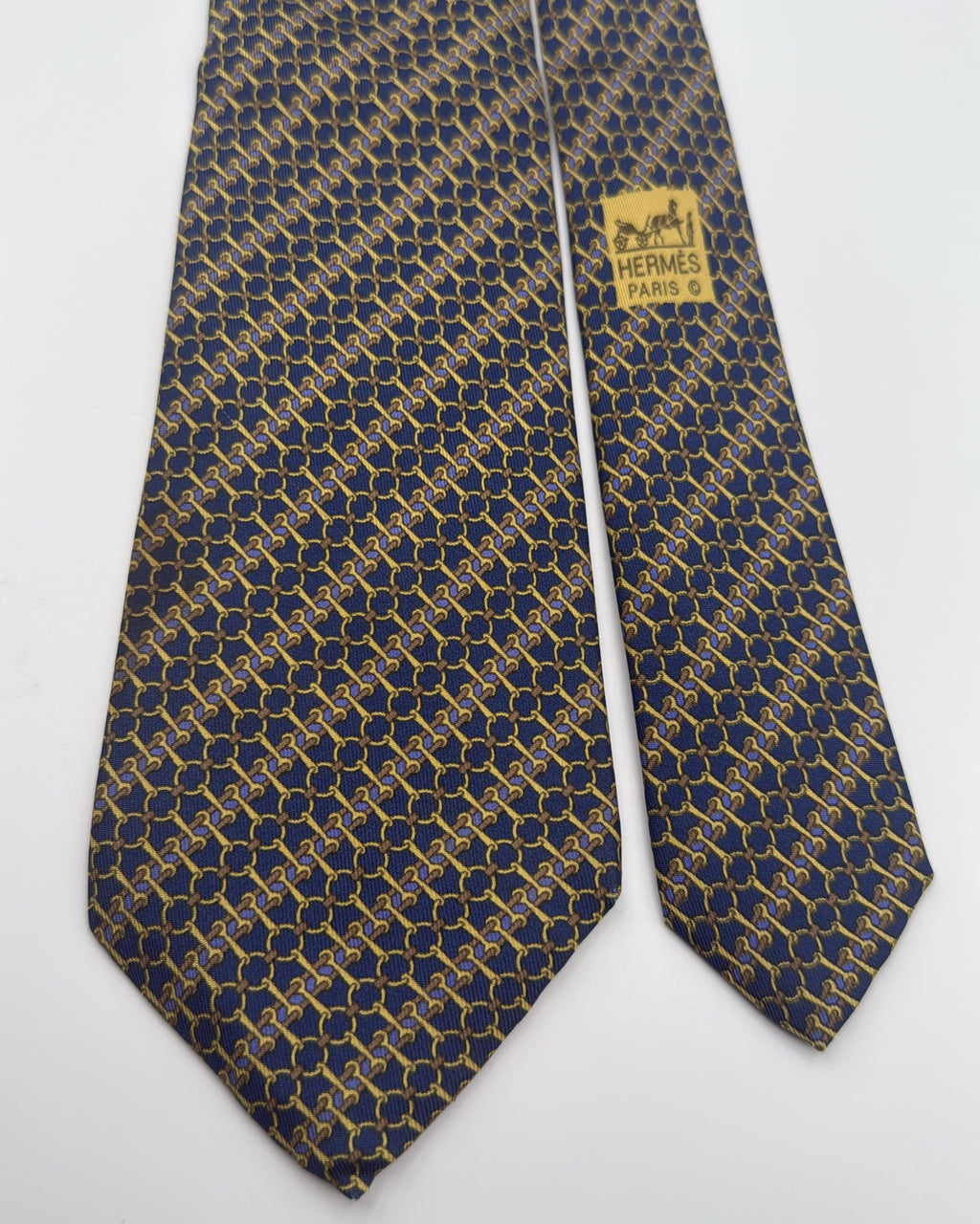 Hermès Paris Silk Tie 7200 UA Geometric Navy Gold Necktie Made in France