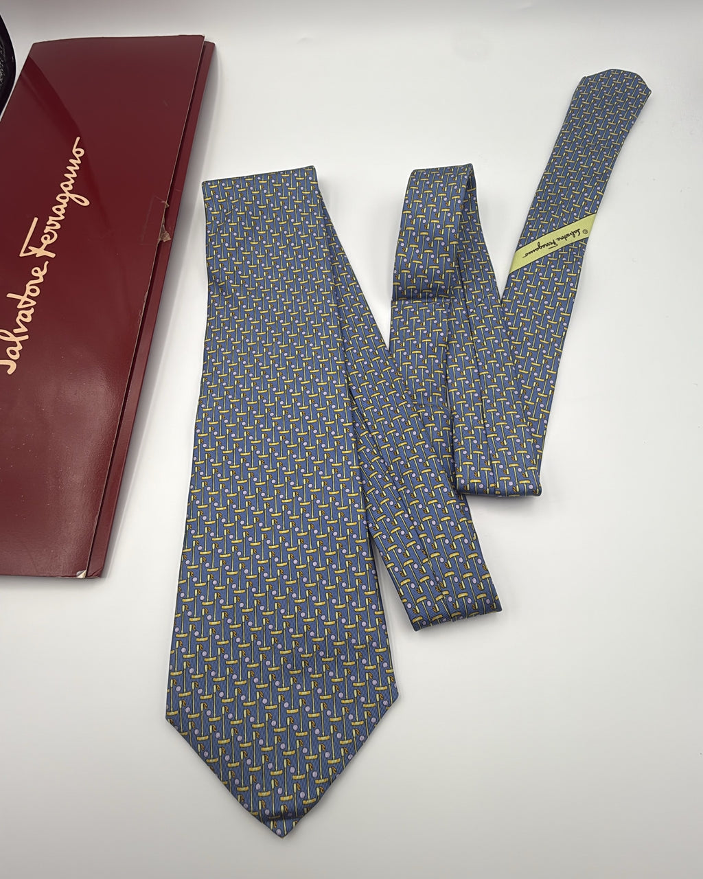 Salvatore Ferragamo Silk Tie Novelty/Motif Golf Blue Yellow Necktie