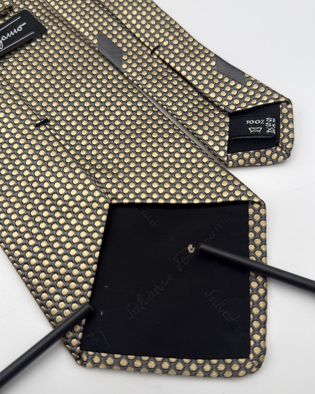 Salvatore Ferragamo Silk Tie Polka Dot/Dotted Gold Grey Necktie Made in Italy
