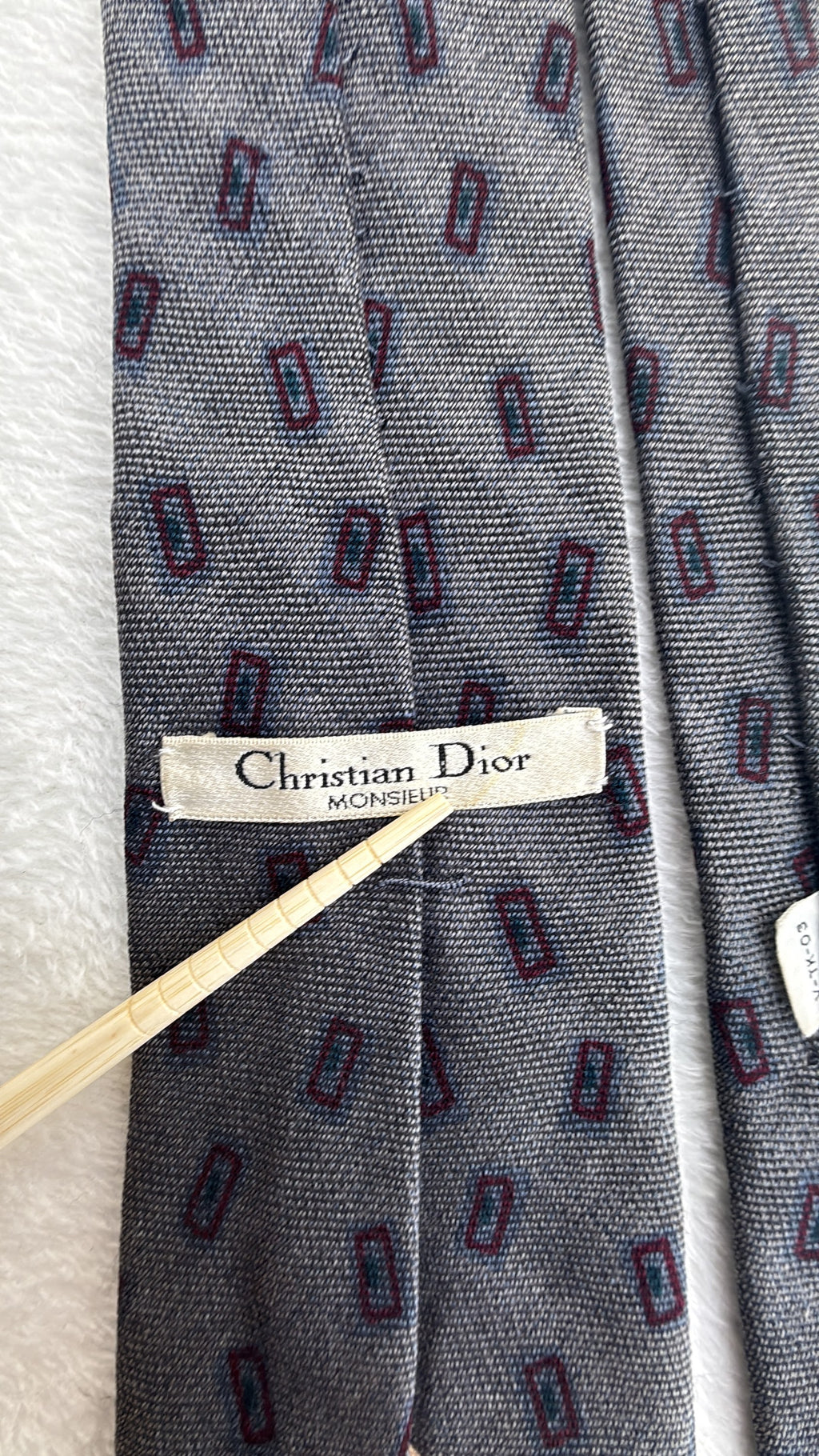 Vintage Christian Dior Silk, Wool Tie V-TK-03 Geometric Grey Burgundy Necktie