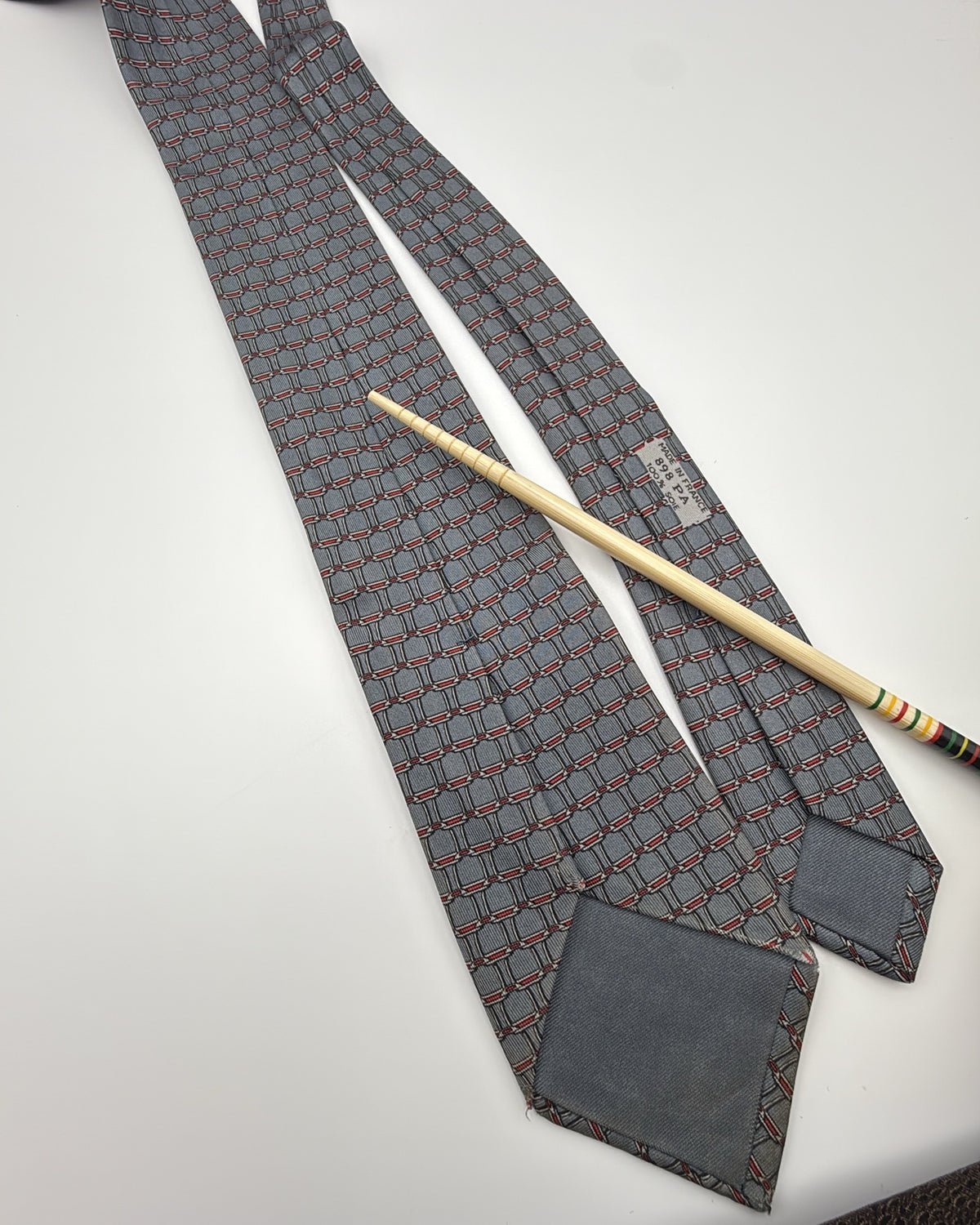 Hermès Paris Silk Tie 898 PA Geometric Grey Red Necktie Made in France
