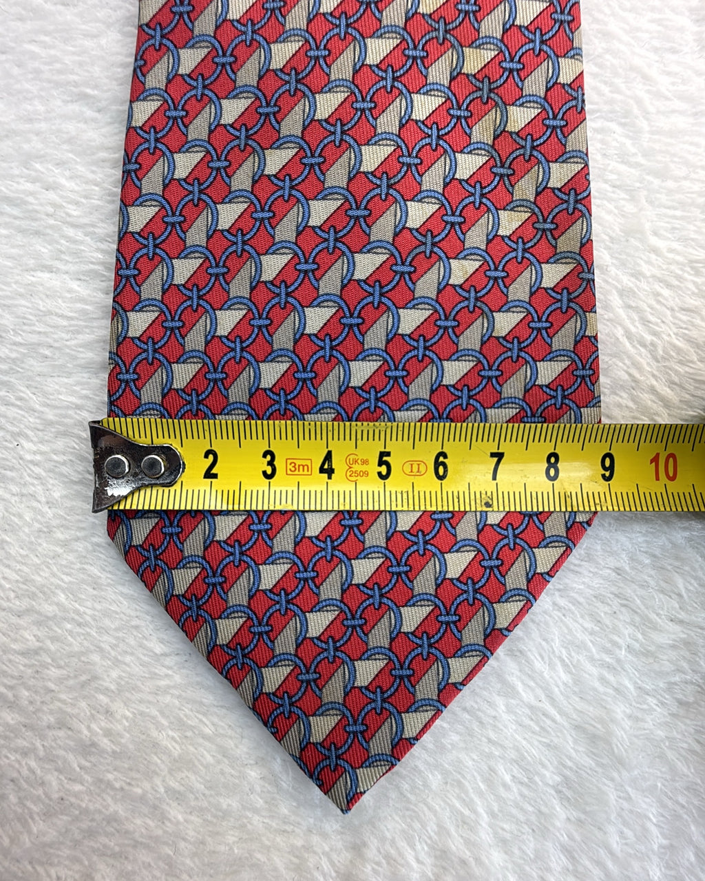 Hermès Paris Silk Tie 7112 FA Geometric Chain Red Blue Necktie Made in France