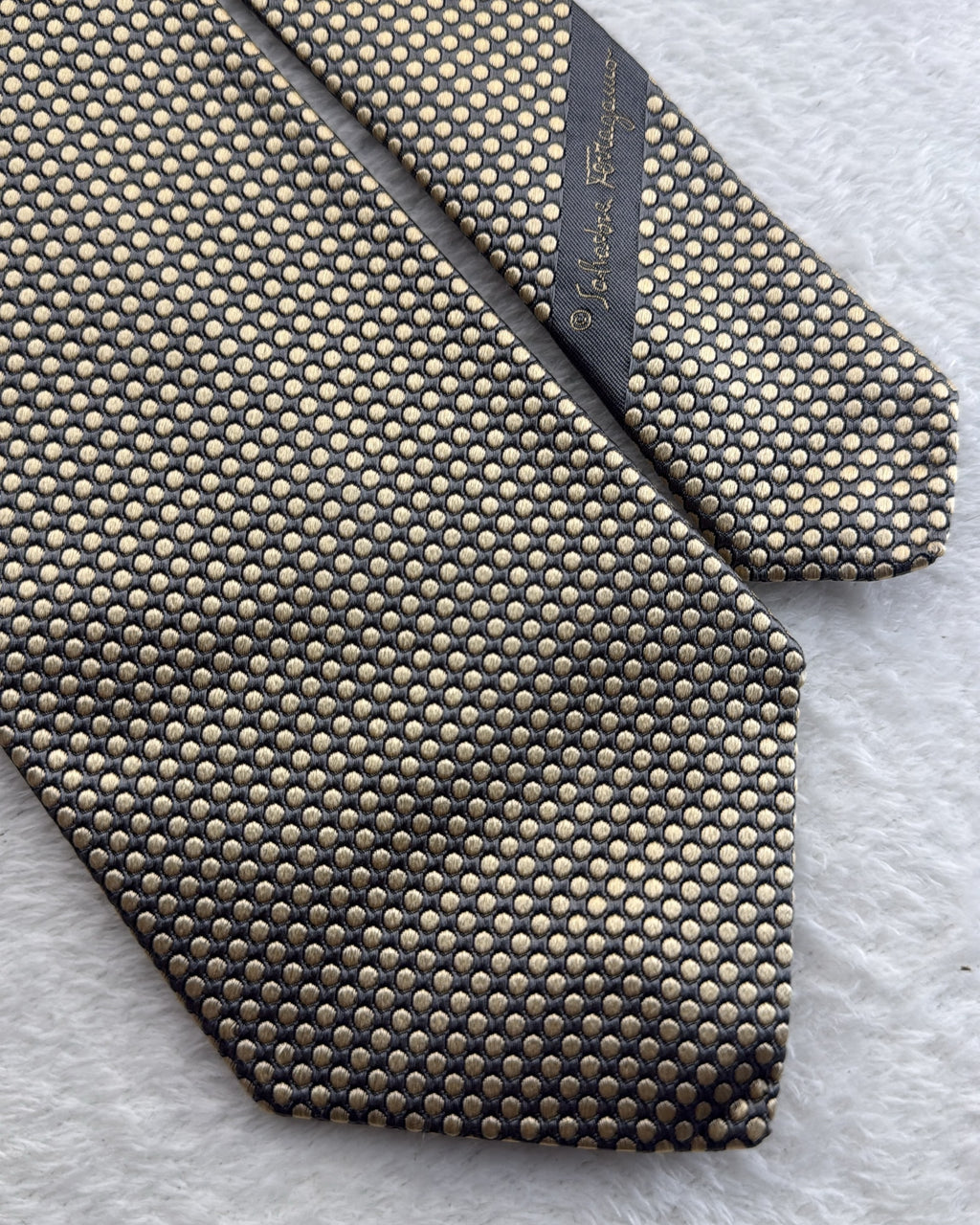 Salvatore Ferragamo Silk Tie Polka Dot/Dotted Gold Grey Necktie Made in Italy