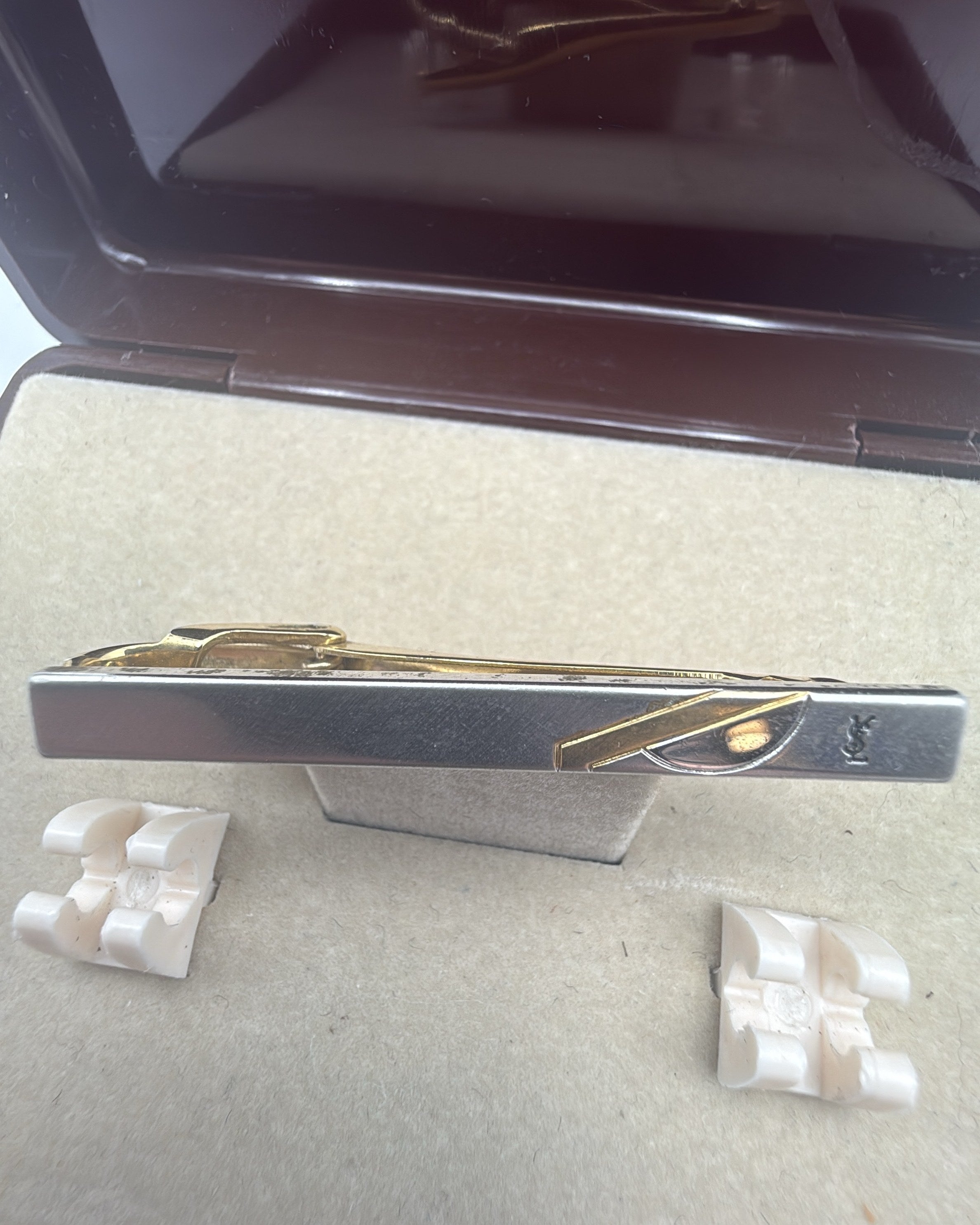Vintage Yves Saint Laurent Tie Clip Steel Gold Silver