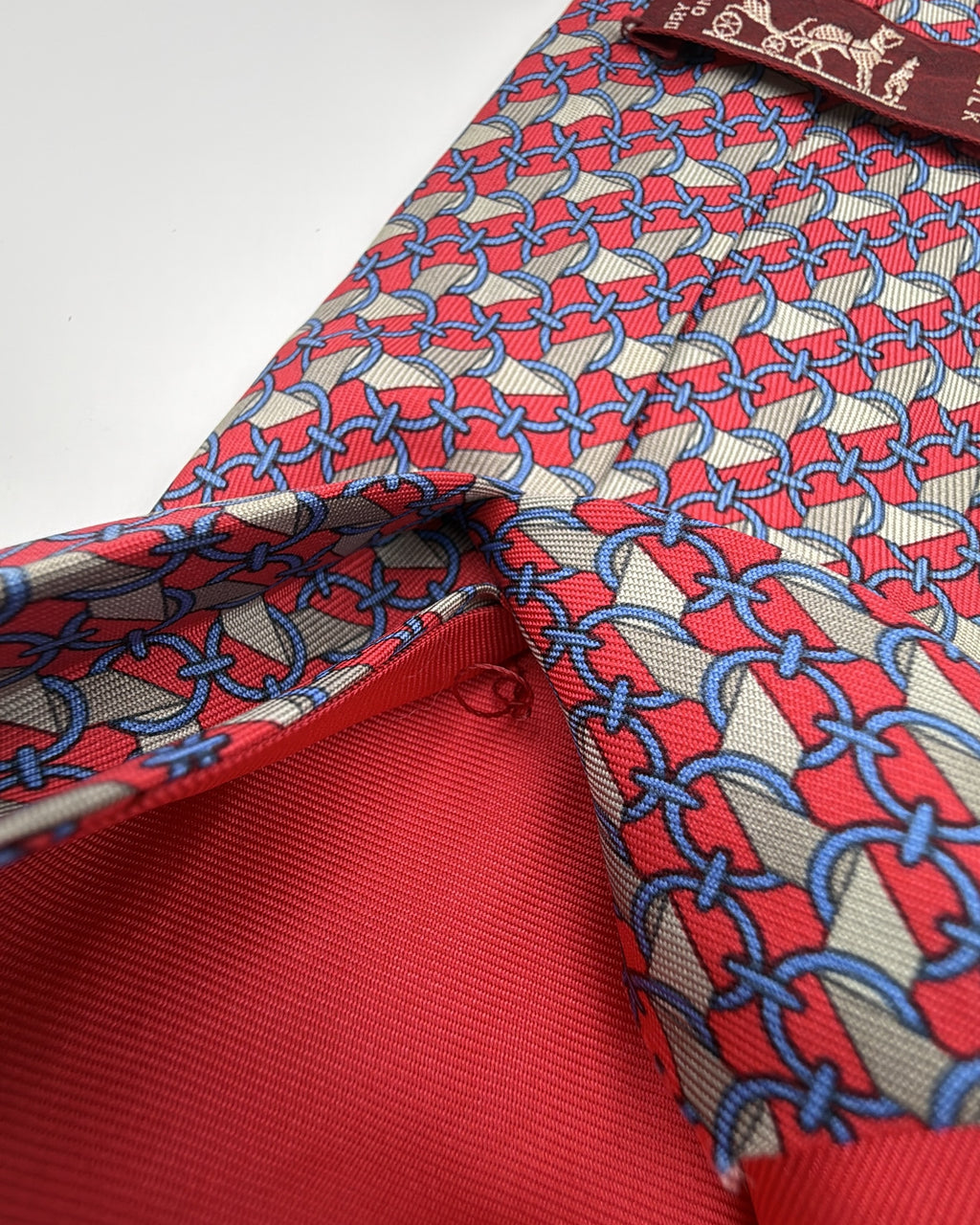 Hermès Paris Silk Tie 7112 FA Geometric Chain Red Blue Necktie Made in France