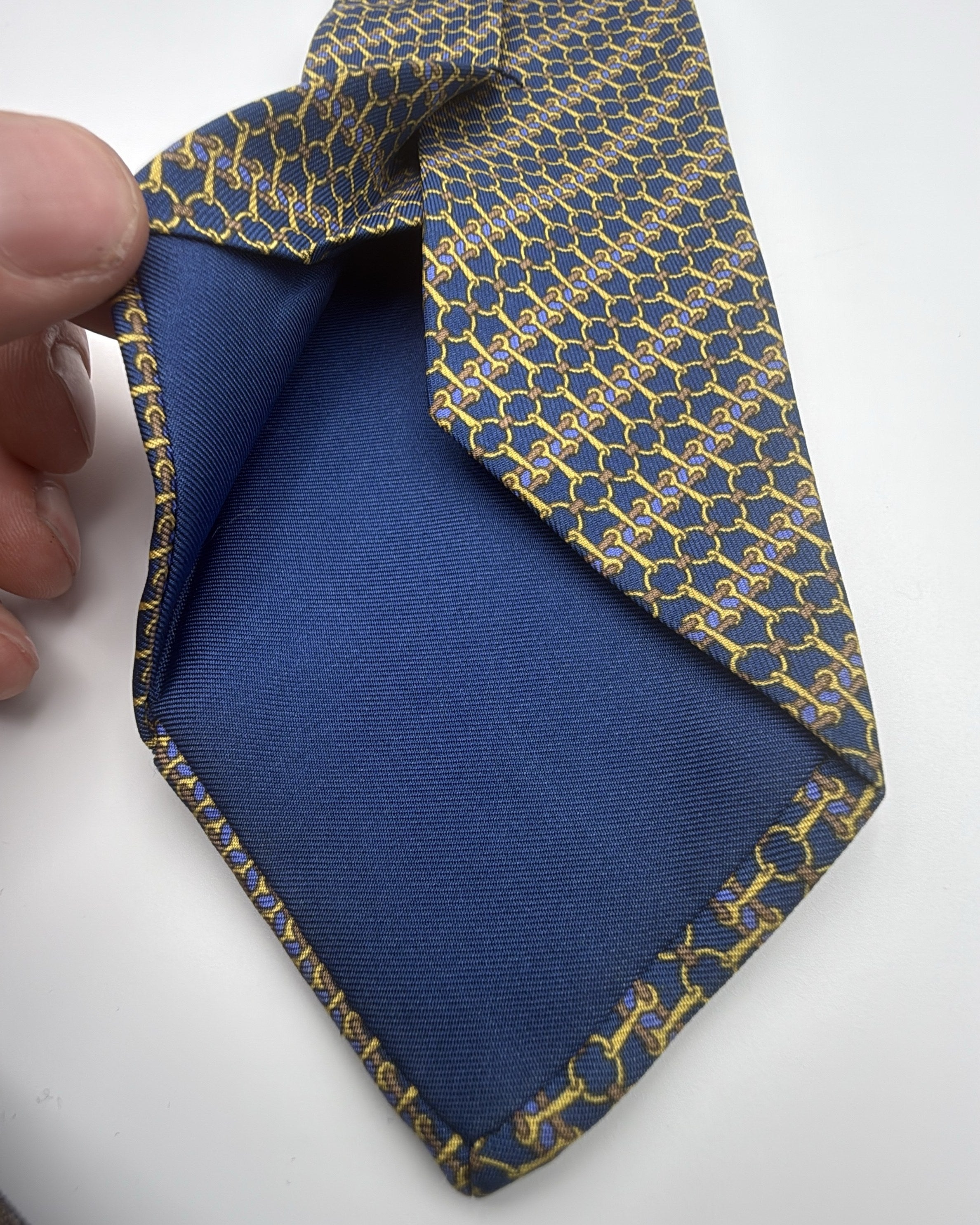 Hermès Paris Silk Tie 7200 UA Geometric Navy Gold Necktie Made in France