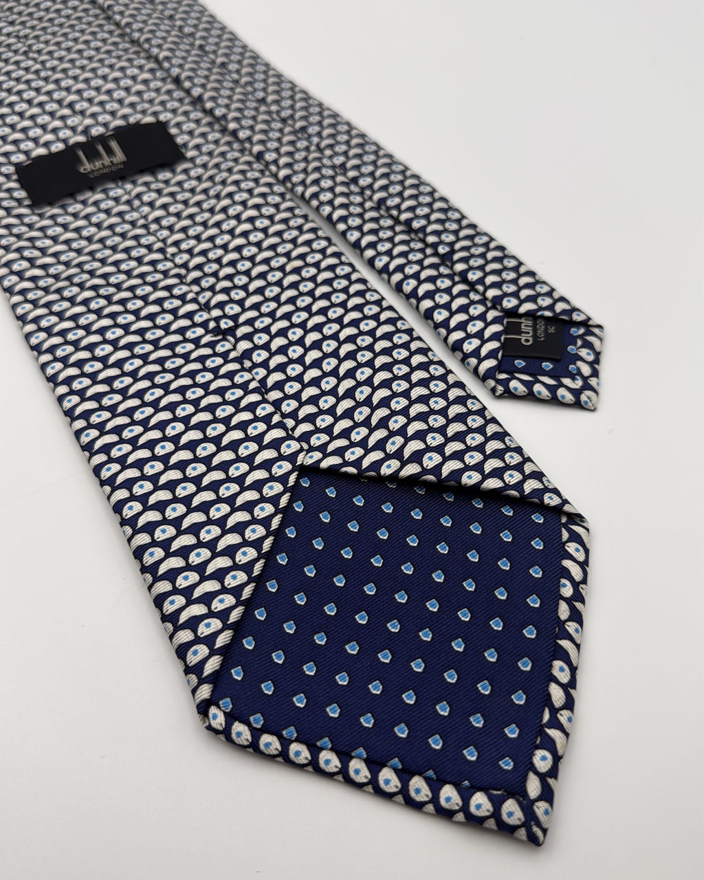 Alfred Dunhill Silk Tie Geometric Stylized Eye/droplet Shapes Navy White Necktie