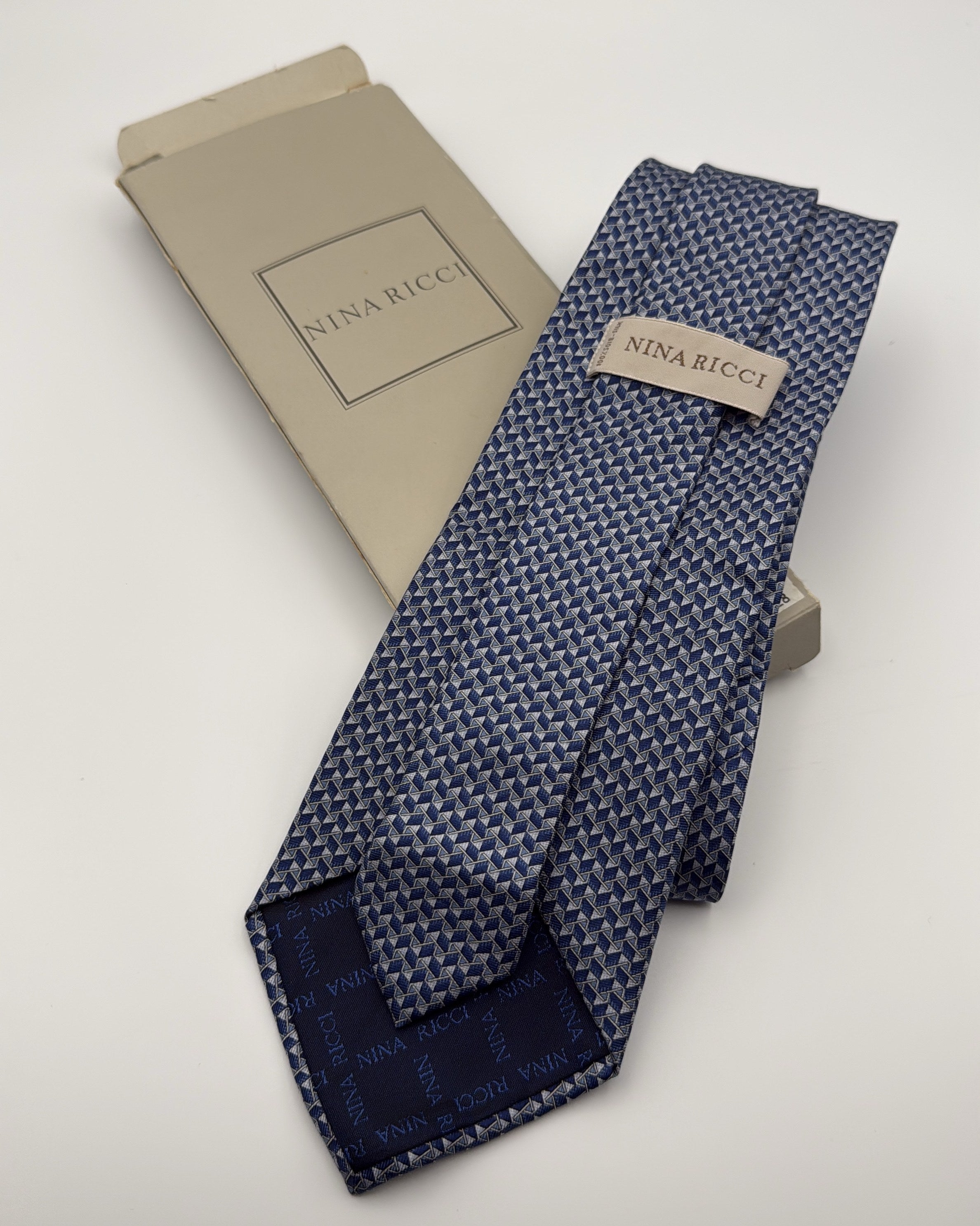 Nina Ricci Silk Tie Geometric Navy Grey Necktie Made in France