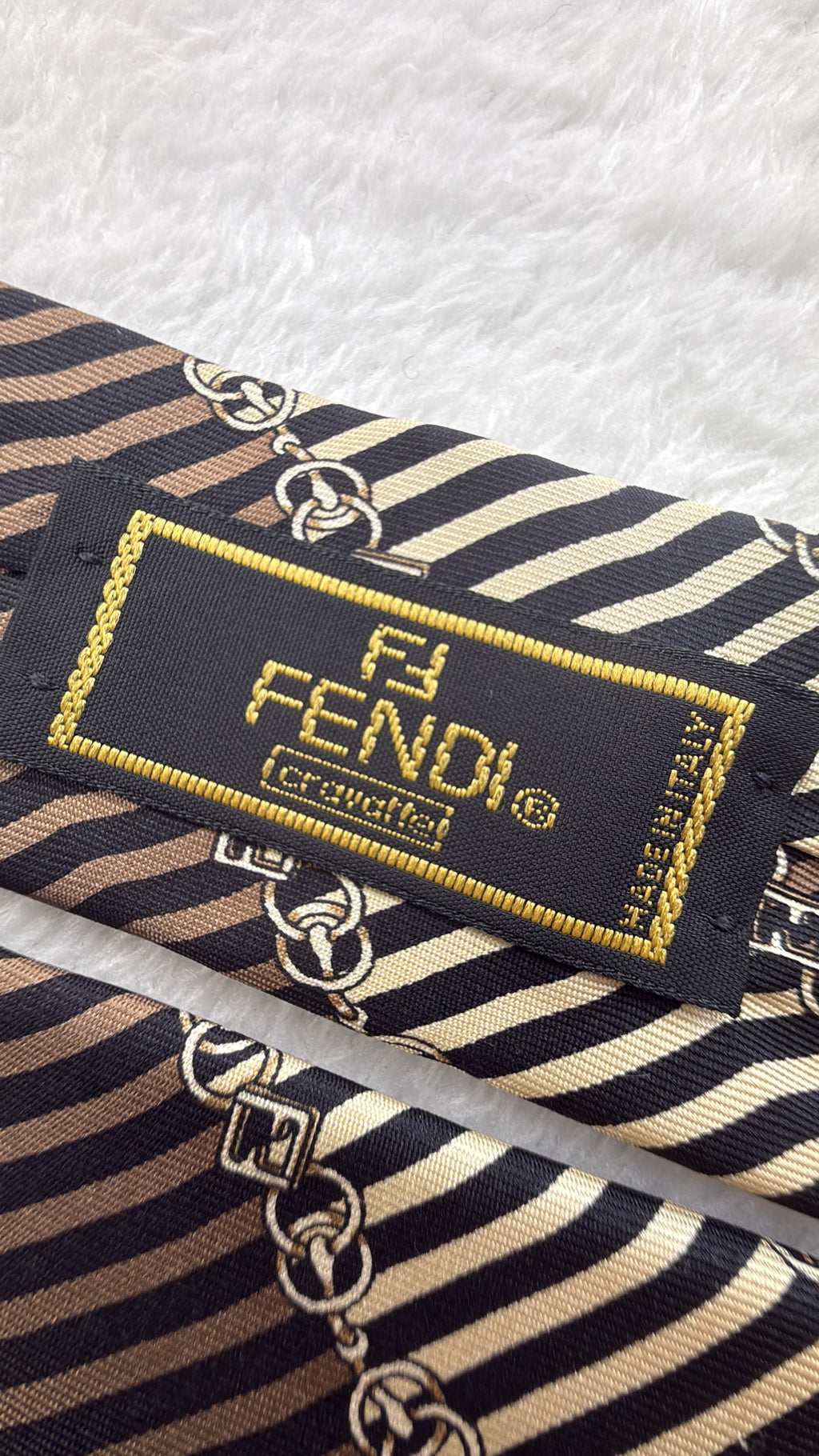 Fendi Silk Tie Striped Brown Beige Necktie Made in Italy