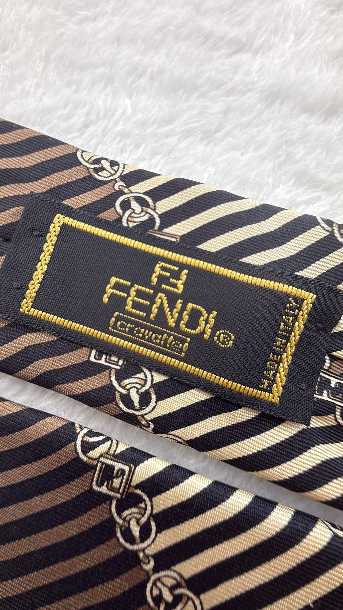 Fendi Silk Tie Striped Brown Beige Necktie Made in Italy