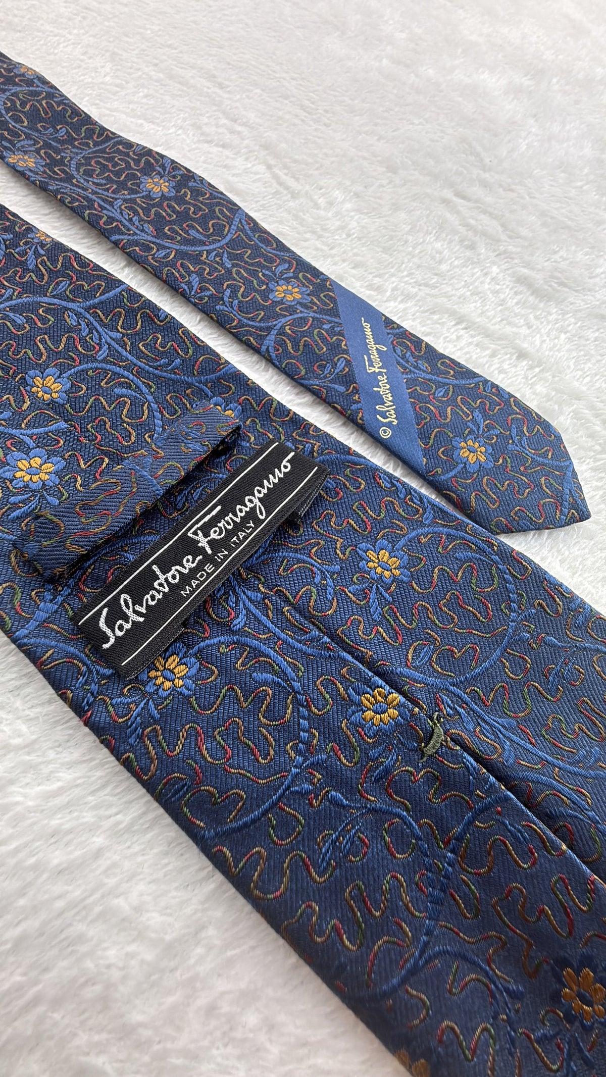 Salvatore Ferragamo Silk Tie Floral Navy Multicolor Necktie Made in Italy