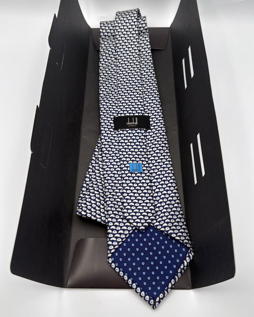 Alfred Dunhill Silk Tie Geometric Stylized Eye/droplet Shapes Navy White Necktie