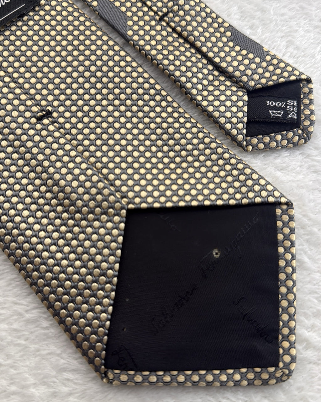 Salvatore Ferragamo Silk Tie Polka Dot/Dotted Gold Grey Necktie Made in Italy