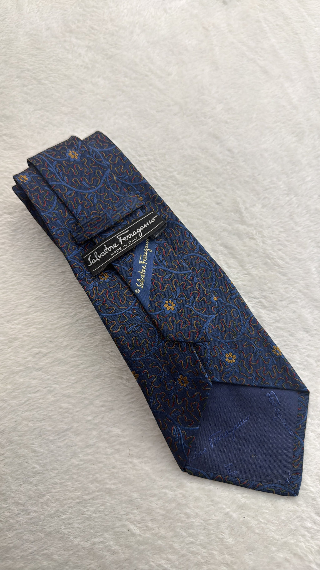 Salvatore Ferragamo Silk Tie Floral Navy Multicolor Necktie Made in Italy