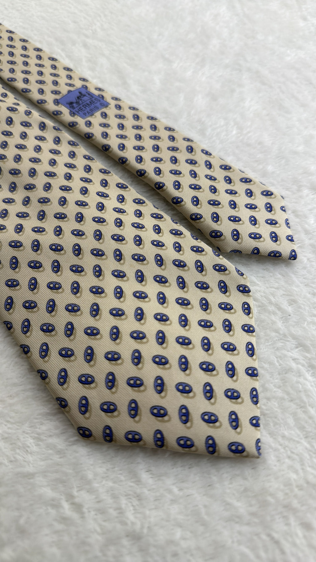 Hermès Paris Silk Tie Novelty/Motif Ivory Blue Necktie Made in France