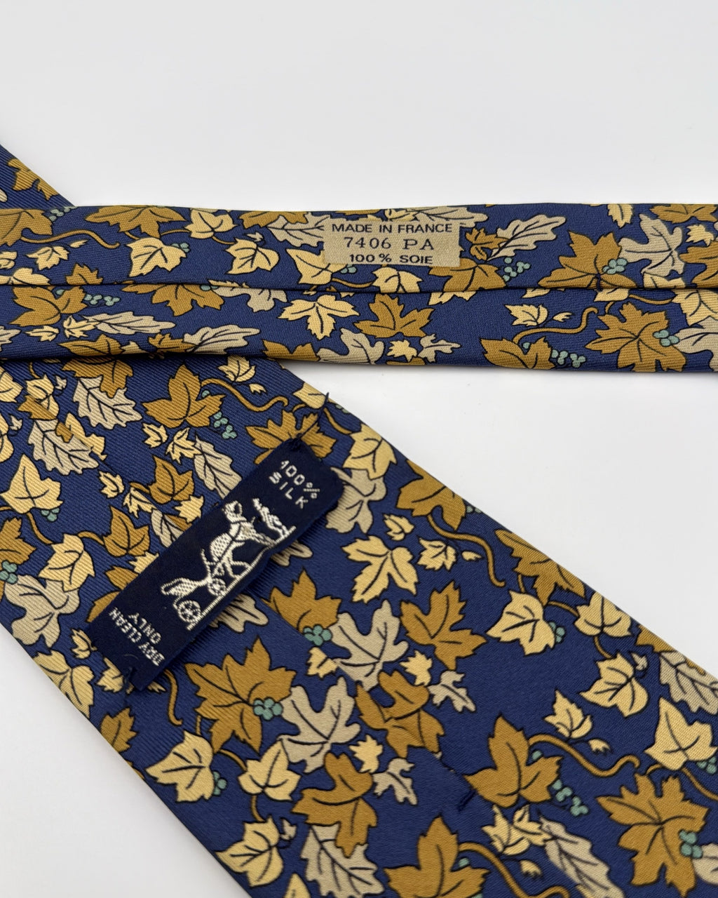 Vintage Hermès Paris Silk Tie 7406 PA Floral Navy Gold Necktie Made in France