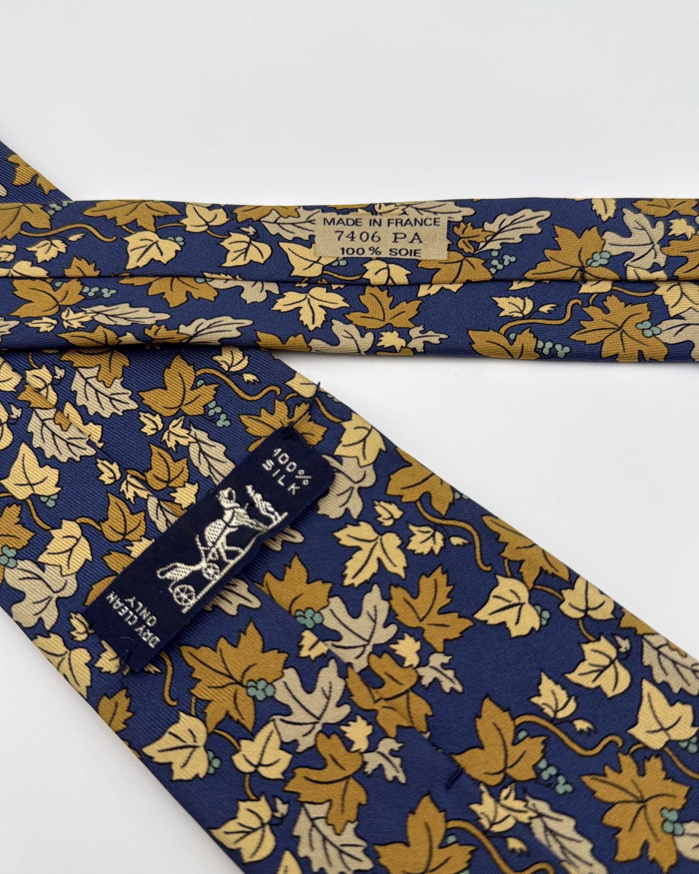 Vintage Hermès Paris Silk Tie 7406 PA Floral Navy Gold Necktie Made in France