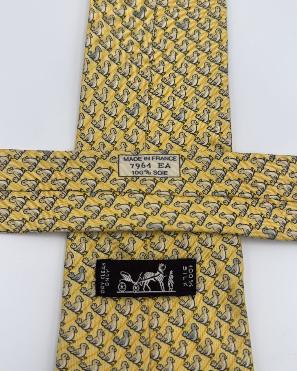 Vintage Hermès Paris Silk Tie 7964 EA Novelty/Motif Birds Yellow Grey Necktie