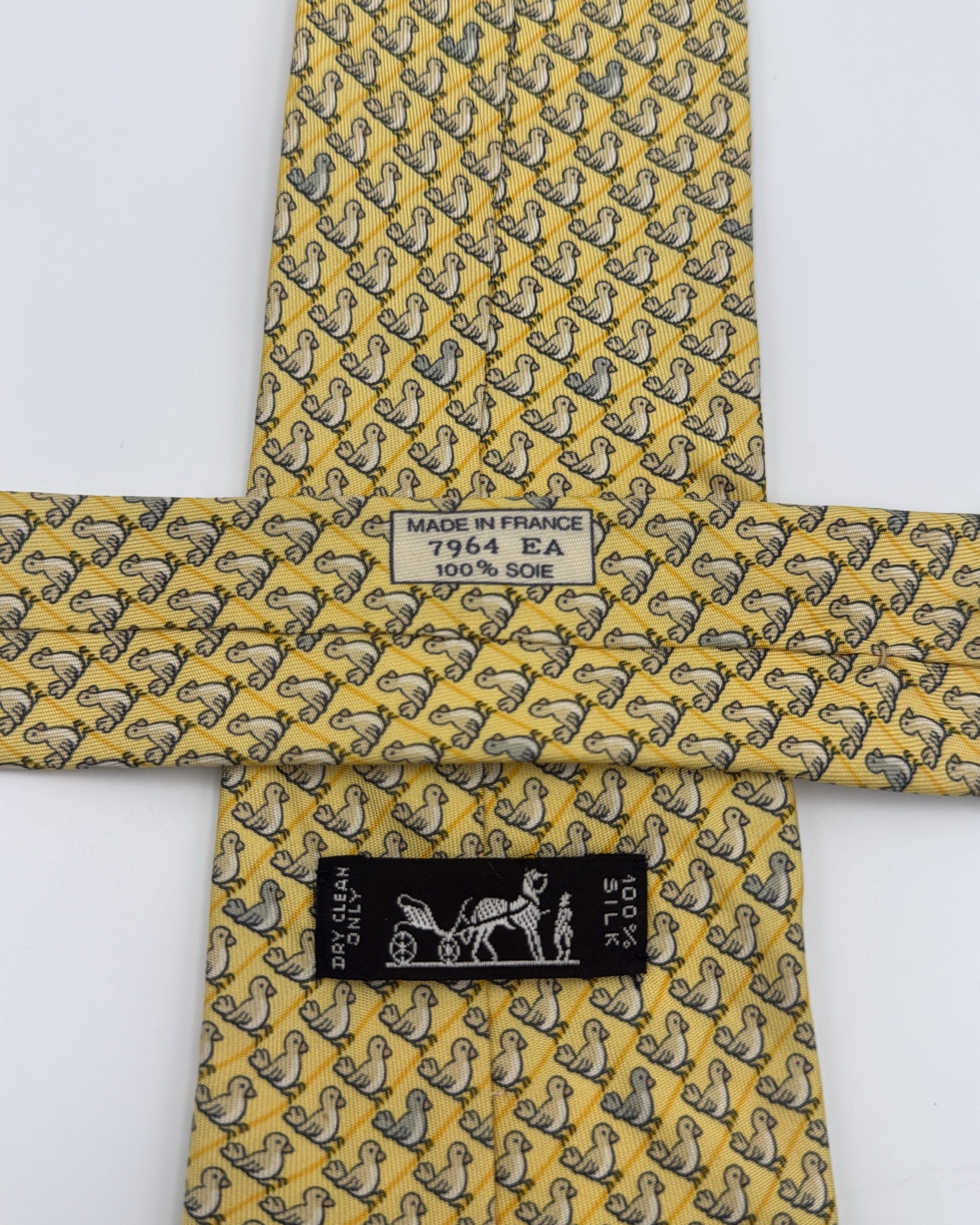 Vintage Hermès Paris Silk Tie 7964 EA Novelty/Motif Birds Yellow Grey Necktie