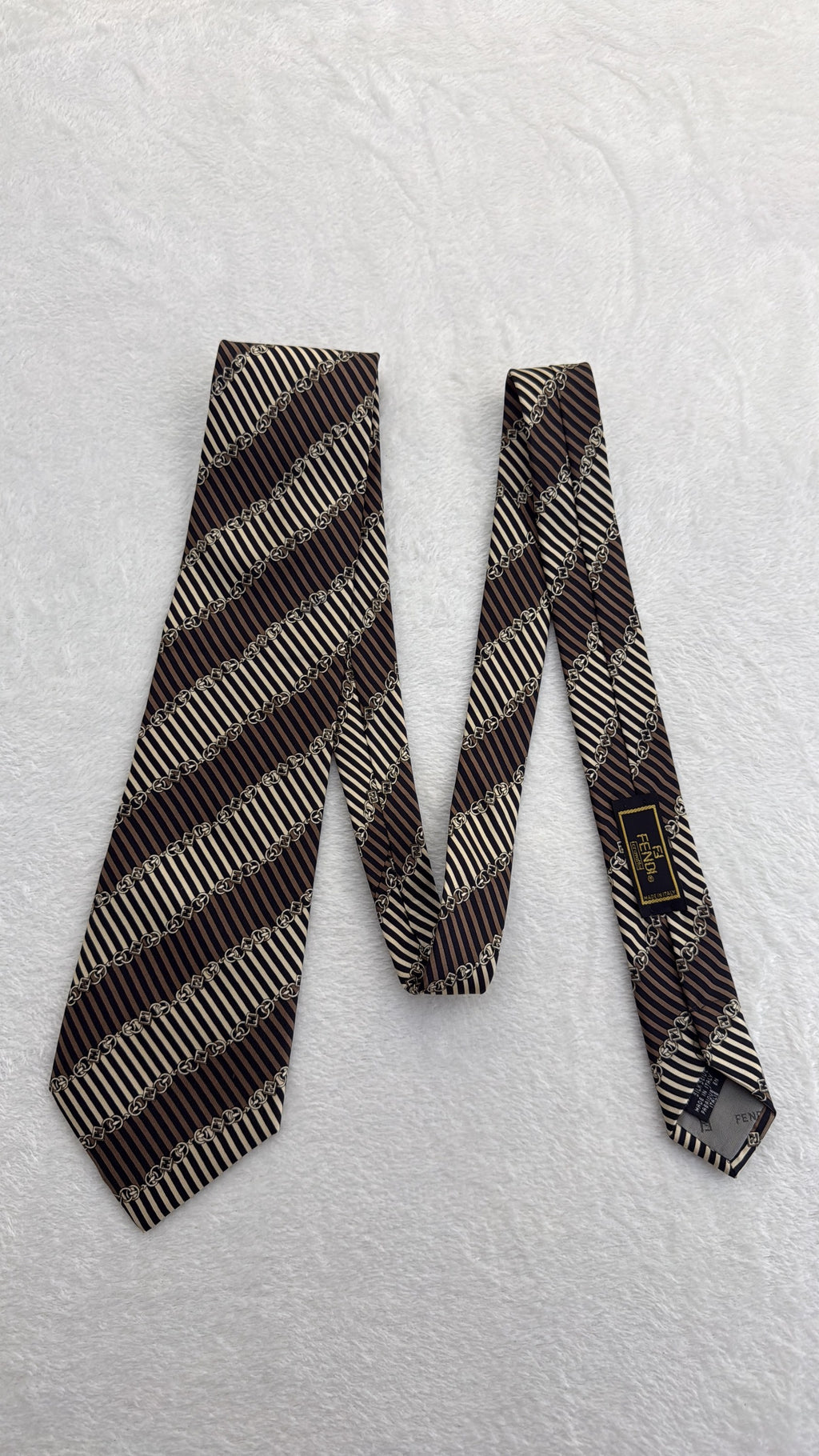 Fendi Silk Tie Striped Brown Beige Necktie Made in Italy