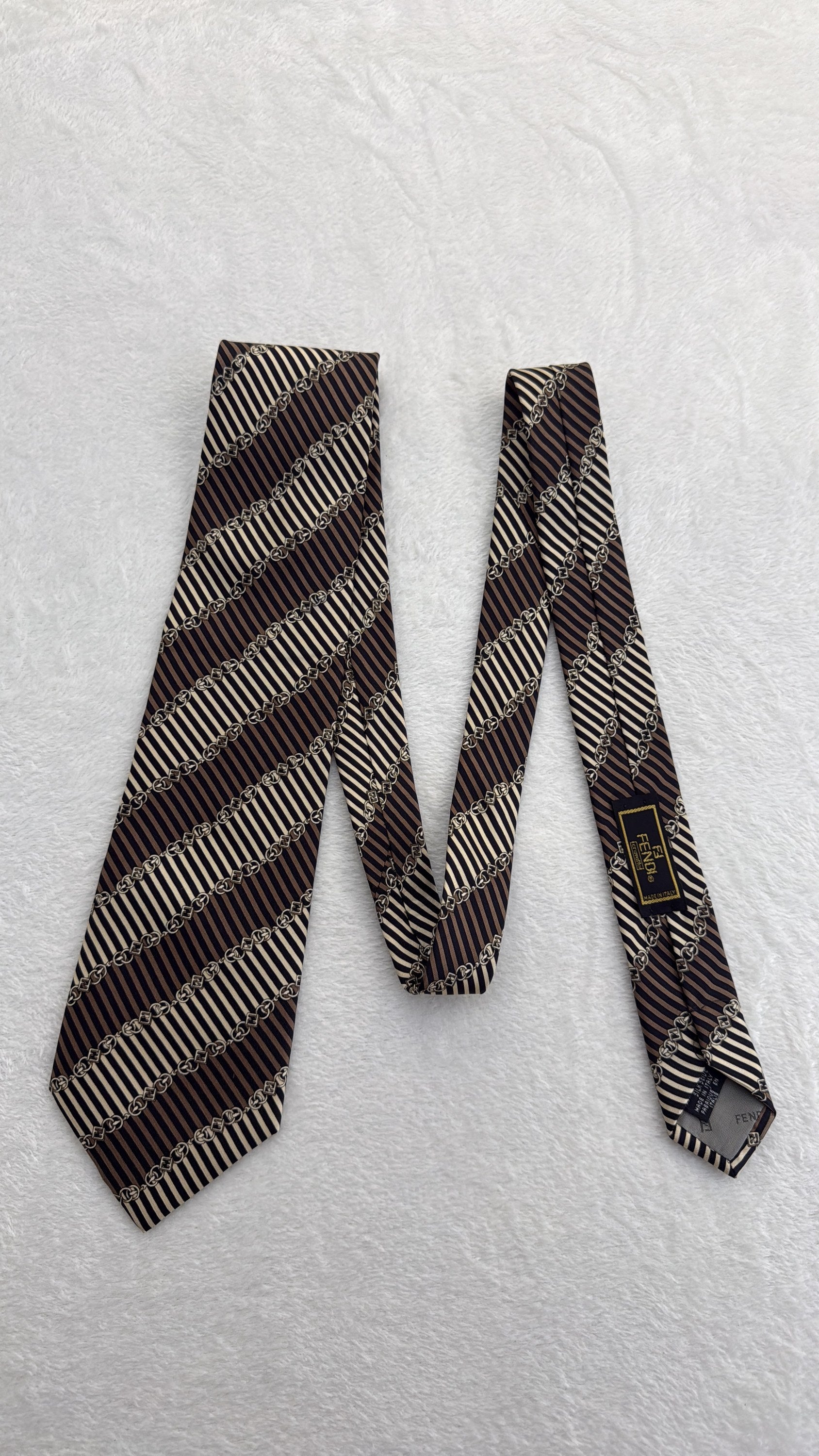 Fendi Silk Tie Striped Brown Beige Necktie Made in Italy