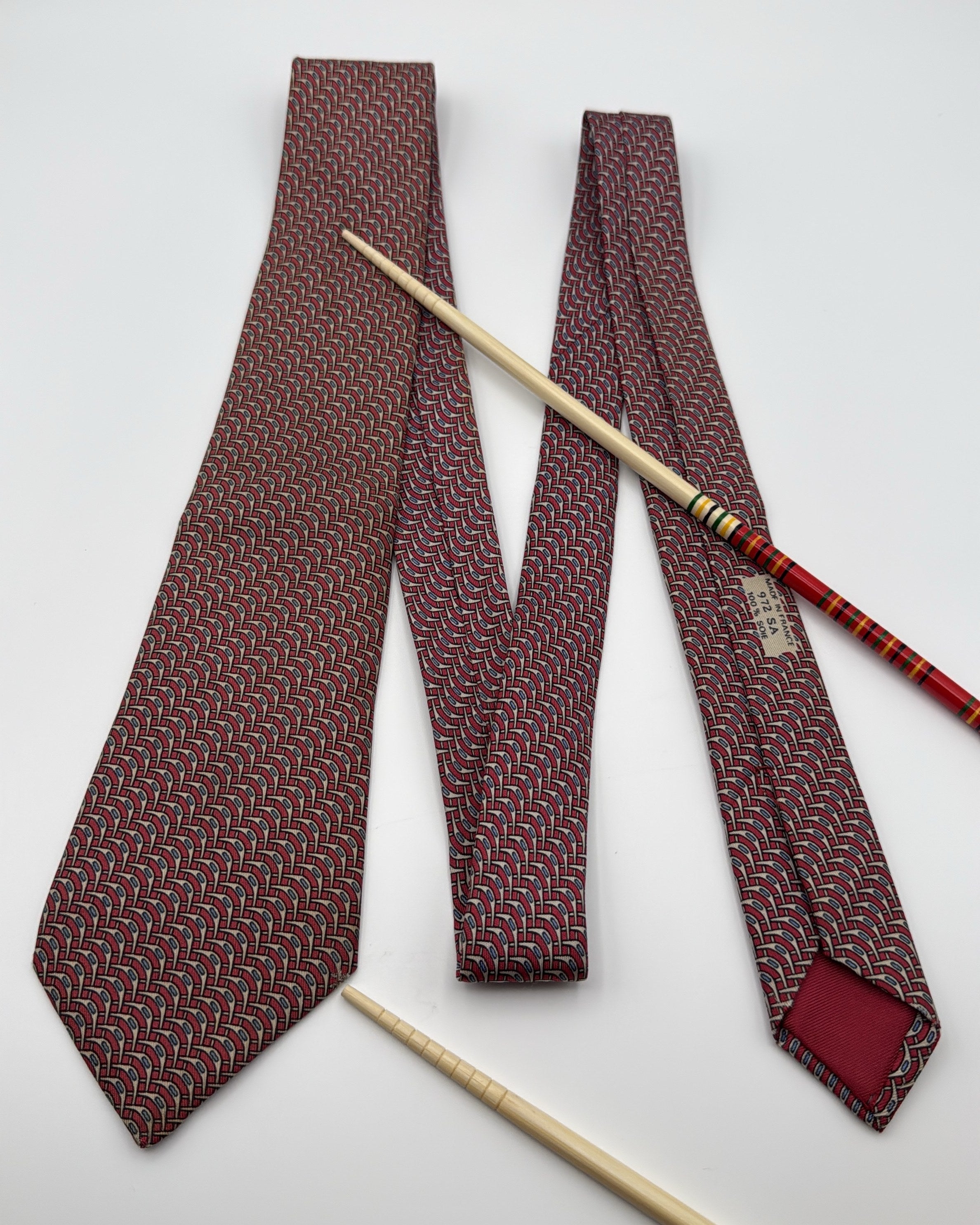 Hermès Paris Silk Tie 972 SA Geometric Burgundy Blue Necktie Made in France