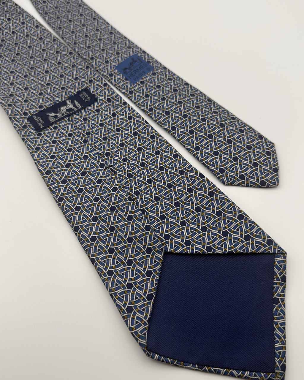 Hermès Paris Silk Tie Geometric Navy Blue Necktie Made in France
