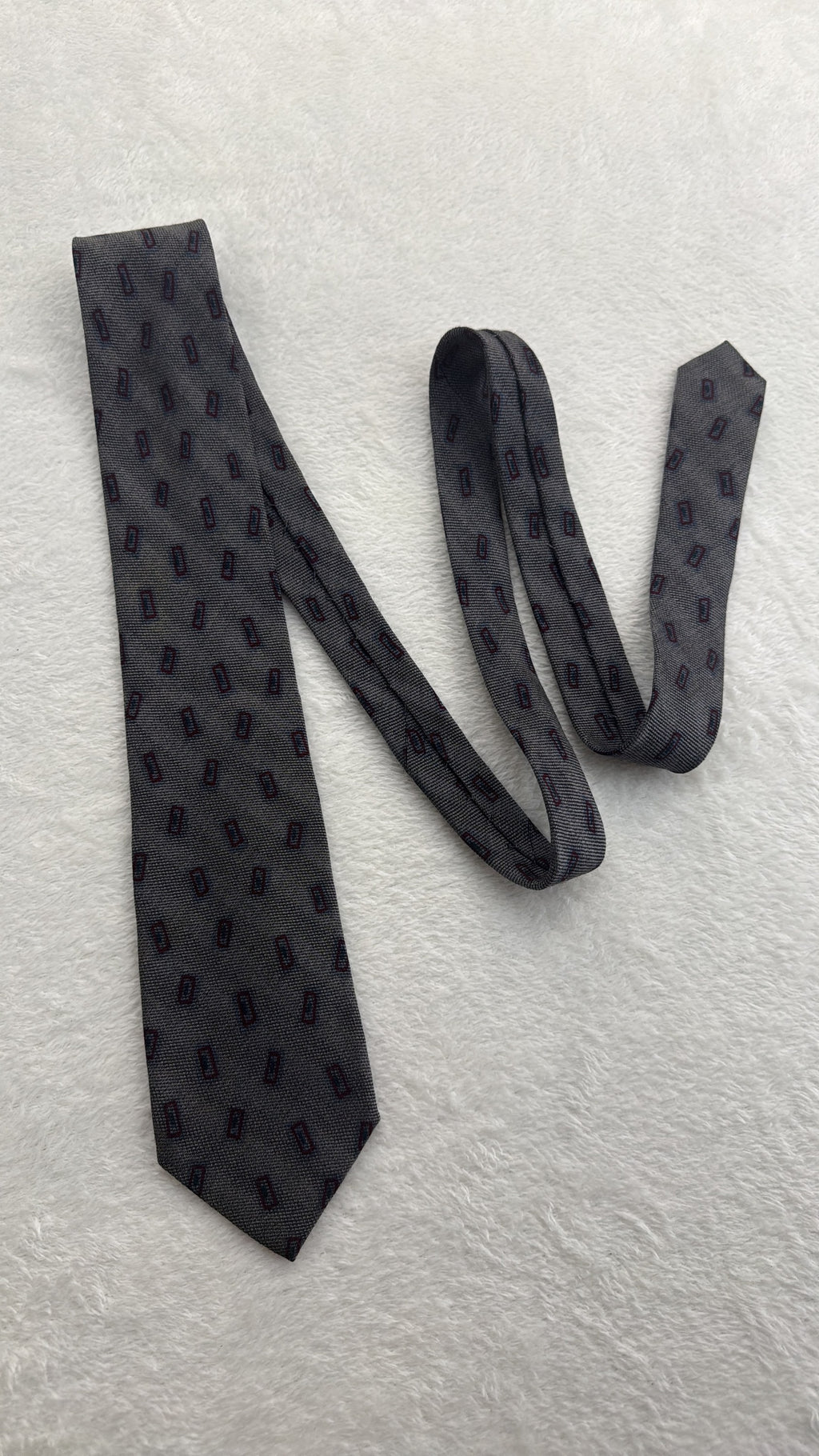 Vintage Christian Dior Silk, Wool Tie V-TK-03 Geometric Grey Burgundy Necktie