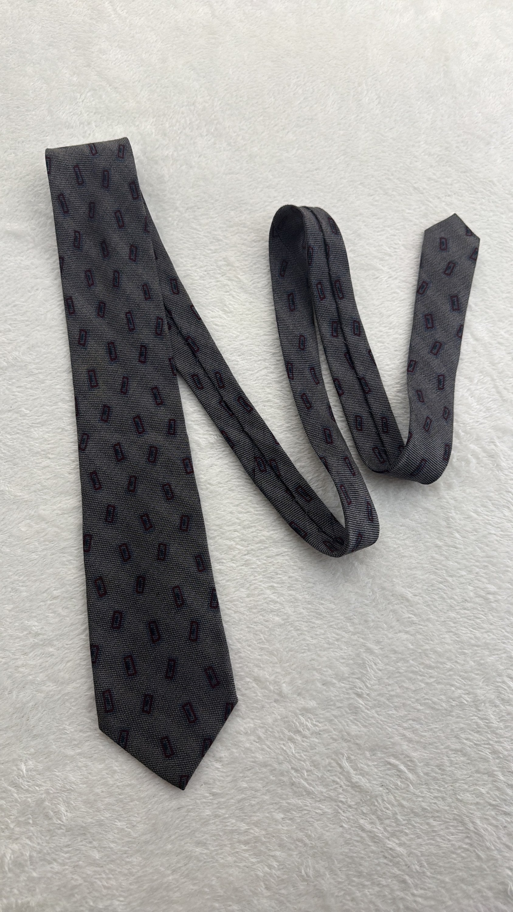 Vintage Christian Dior Silk, Wool Tie V-TK-03 Geometric Grey Burgundy Necktie