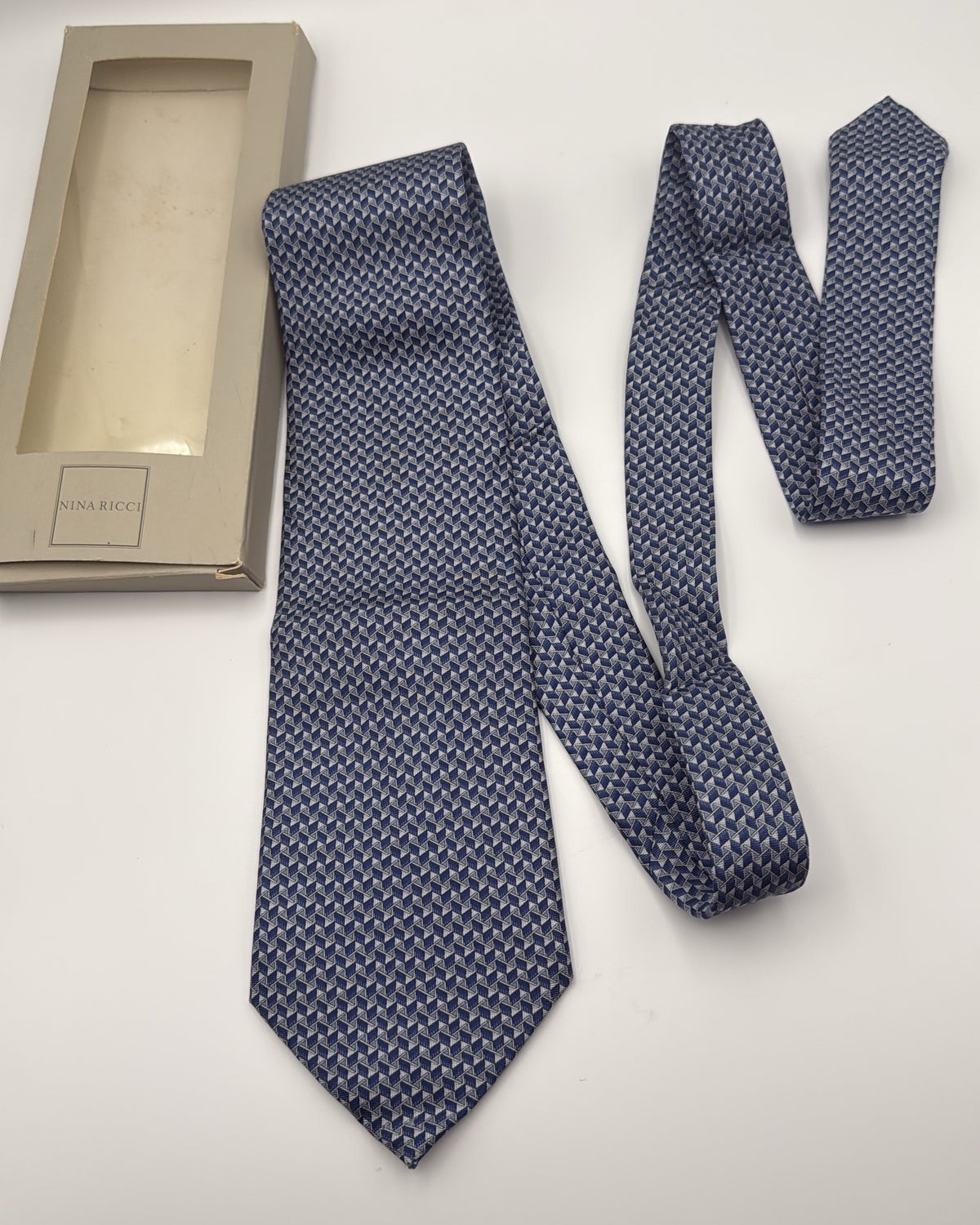 Nina Ricci Silk Tie Geometric Navy Grey Necktie Made in France