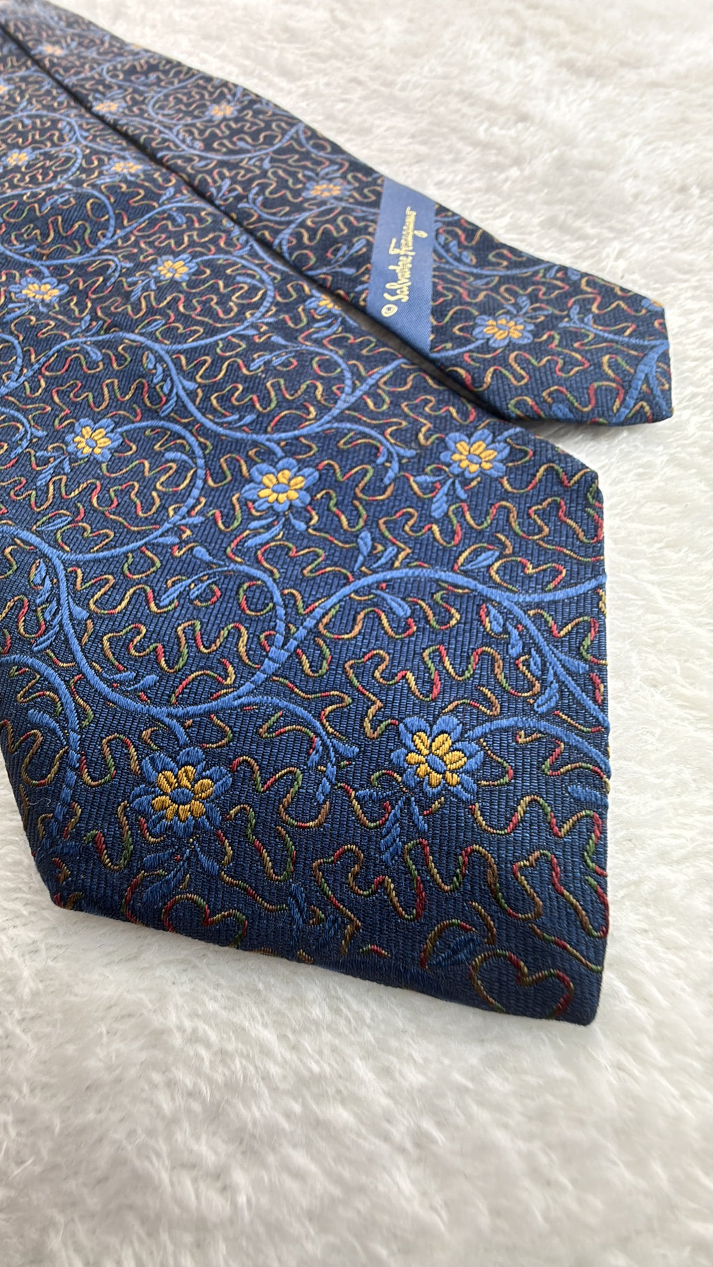 Salvatore Ferragamo Silk Tie Floral Navy Multicolor Necktie Made in Italy