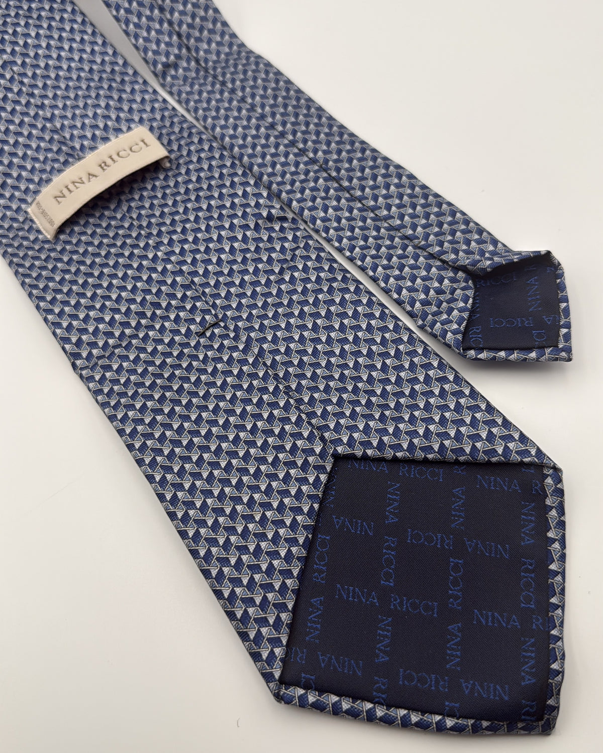 Nina Ricci Silk Tie Geometric Navy Grey Necktie Made in France